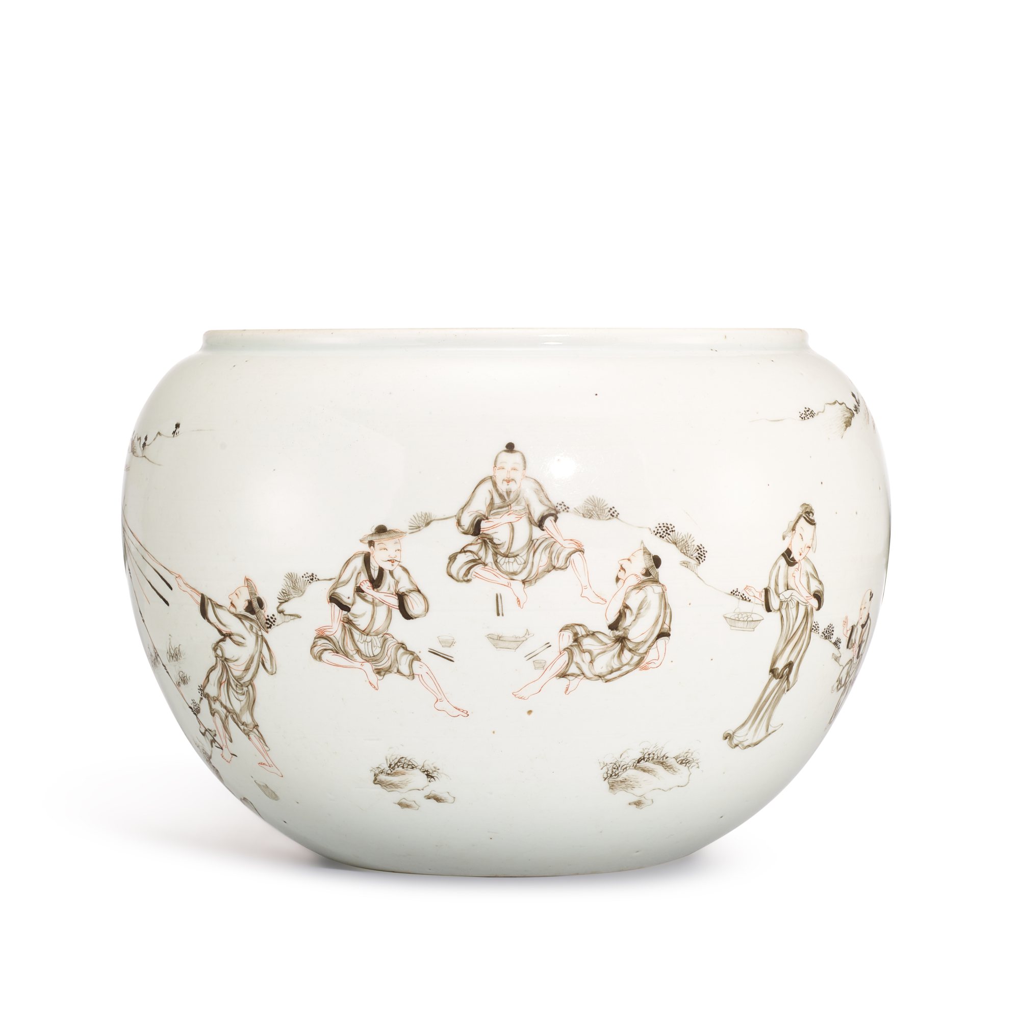 Unknown — A large grisaille-decorated 'fishermen' alms bowl, Qing dynasty, Yongzheng period 清雍正 墨彩漁家樂圖缸