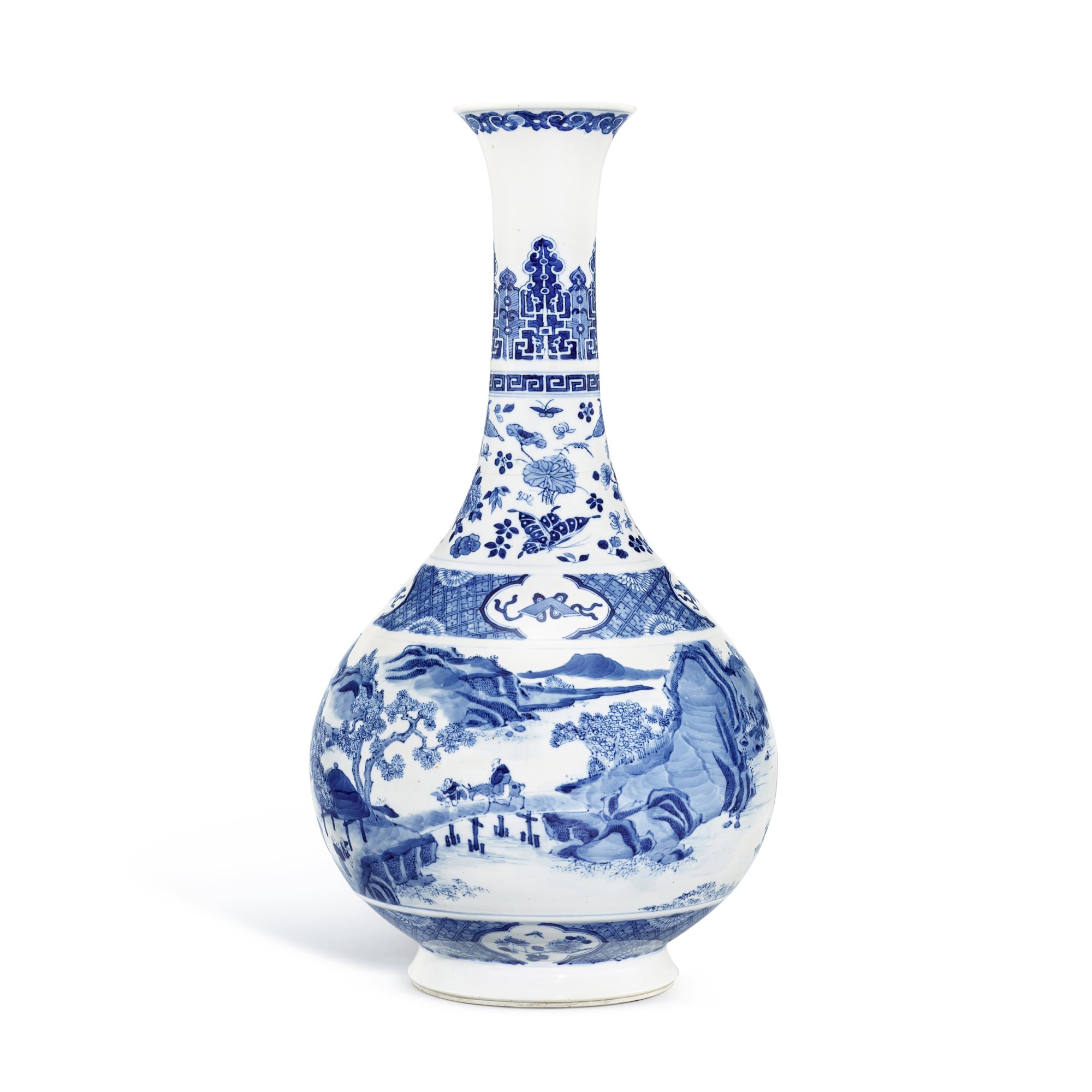 Unknown — A blue and white 'riverscape' bottle vase, Qing dynasty, 18th - 19th century 清十八至十九世紀 青花山水人物圖賞瓶 《大清康熙年製》仿款