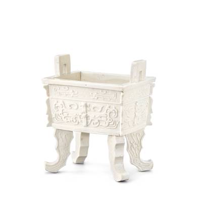 An archaistic Dehua incense burner, fangding,