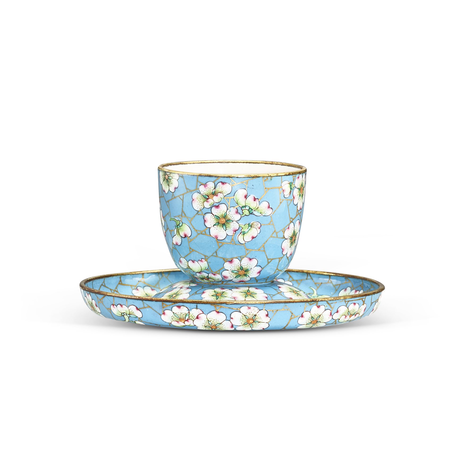 A painted enamel 'prunus and cracked ice' cup and stand, — A painted enamel 'prunus and cracked ice' cup and stand, Qing dynasty, Qianlong period 清乾隆 銅胎畫琺瑯冰梅紋盃、托一套