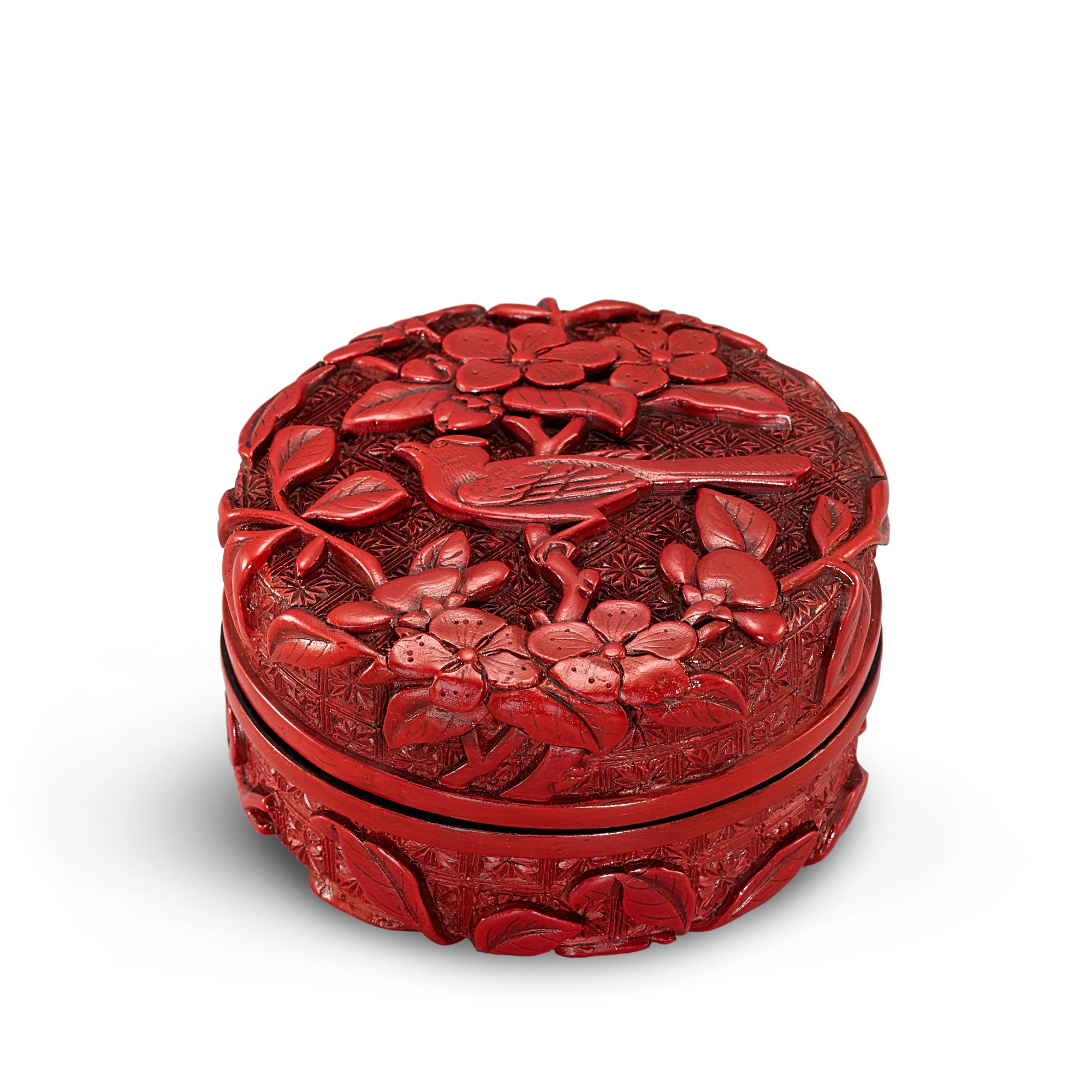 A carved cinnabar lacquer 'magpie and prunus' box and cover, — A carved cinnabar lacquer 'magpie and prunus' box and cover, Late Ming dynasty 明末 剔紅喜上梅梢紋印盒