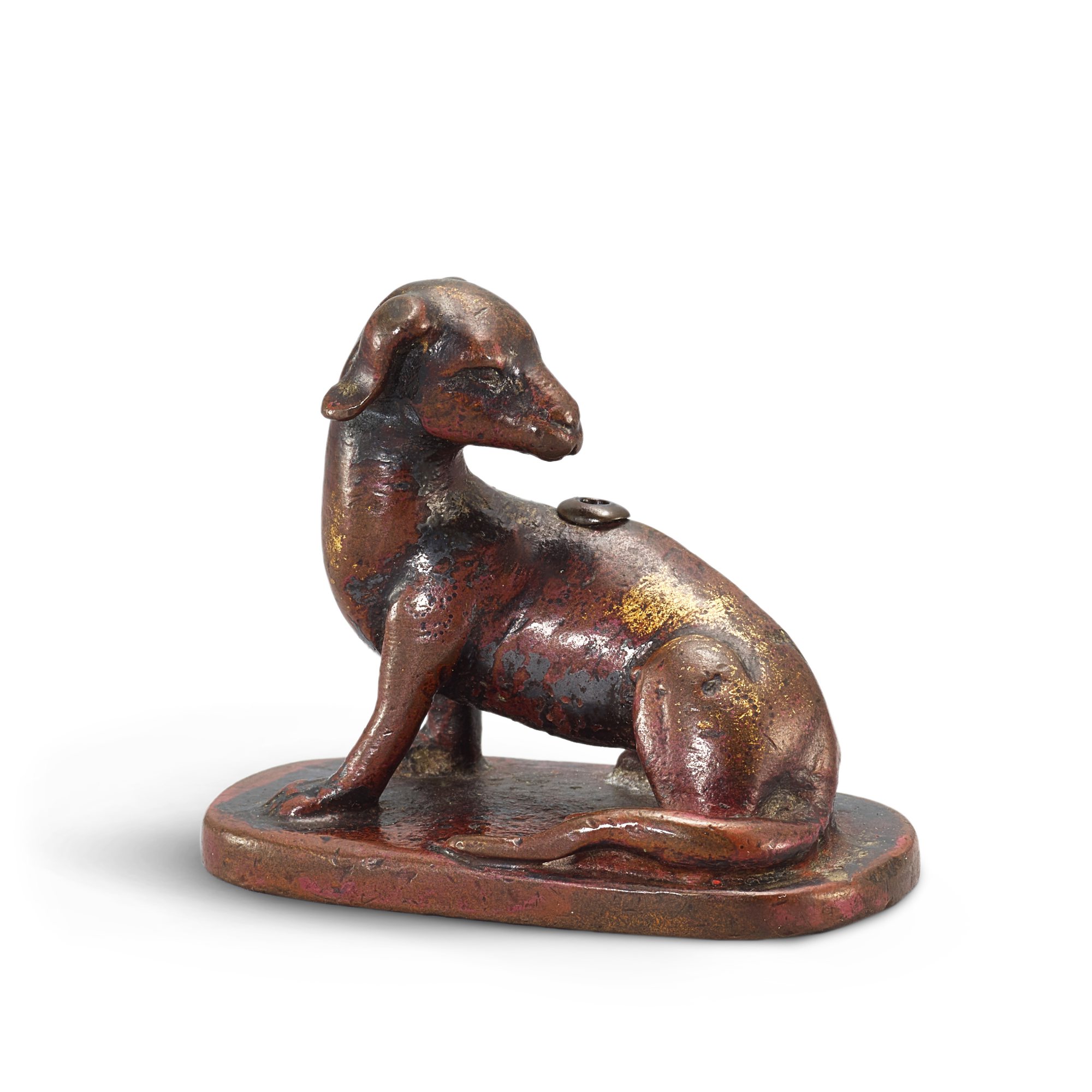 Unknown (Historical) — A small gilt-splashed bronze 'dog' incense stick holder, 17th century 十七世紀 銅灑金瑞犬形香插