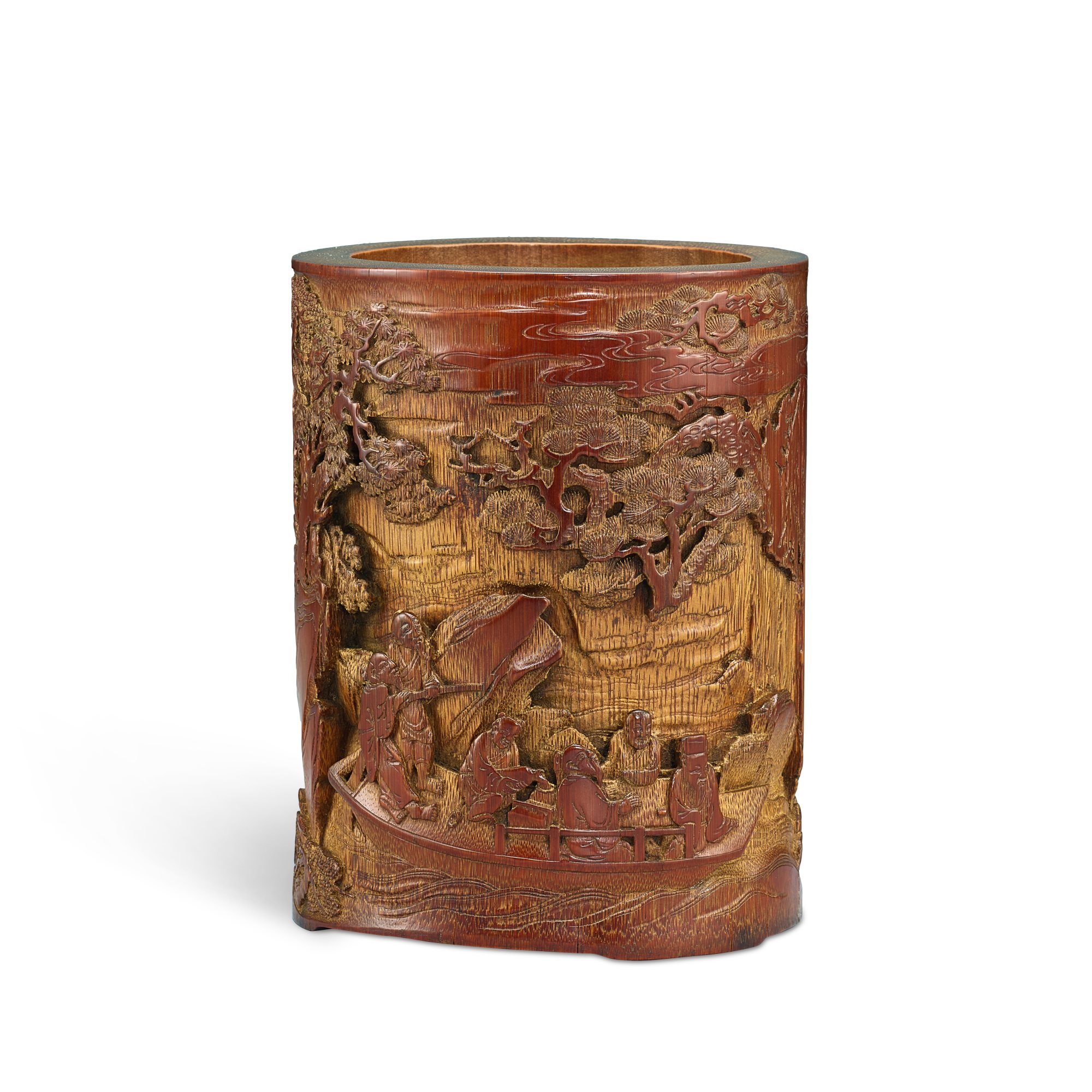 A carved bamboo 'Red Cliff' brushpot, — A carved bamboo 'Red Cliff' brushpot, Early Qing dynasty 清初 竹雕赤壁圖筆筒