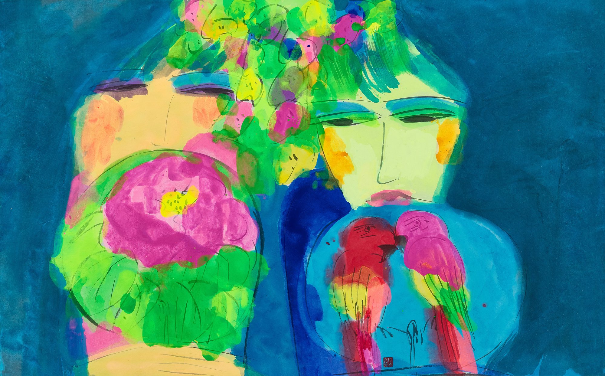 Walasse Ting — Two ladies with fans  執扇雙美