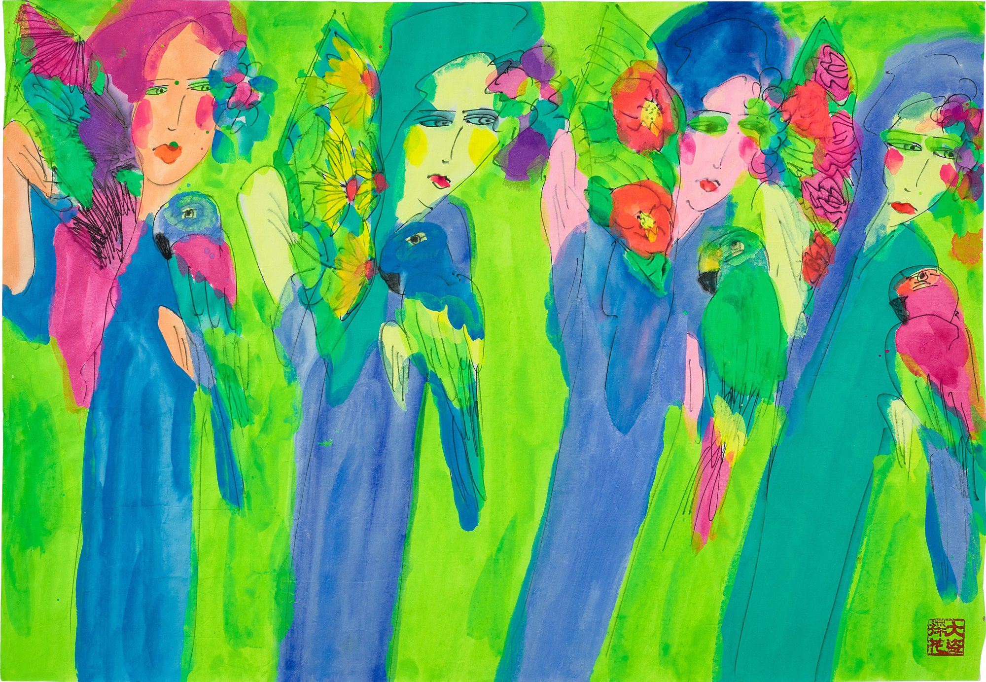 Walasse Ting — Four ladies with parrots 四美與鸚鵡