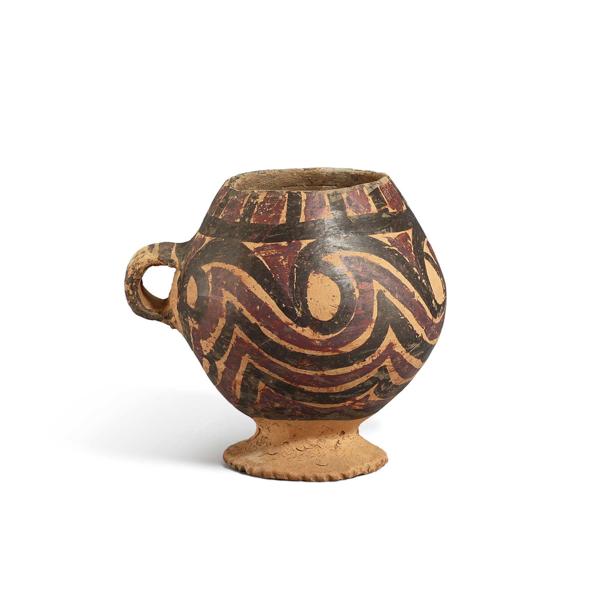 A painted globular footed cup, — A painted globular footed cup, Majiayao culture, Majiayao to Banshan phase, c. 3100-2300 B.C. 馬家窰文化 馬家窰至半山類型 連續紋彩陶高足盃