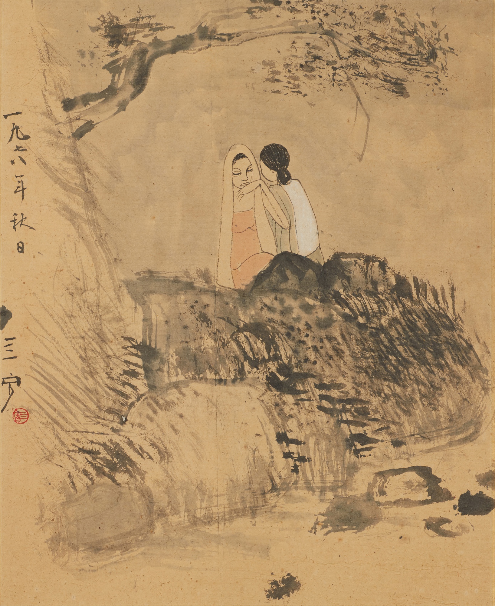 Two seated ladies by the river 河邊兩仕女