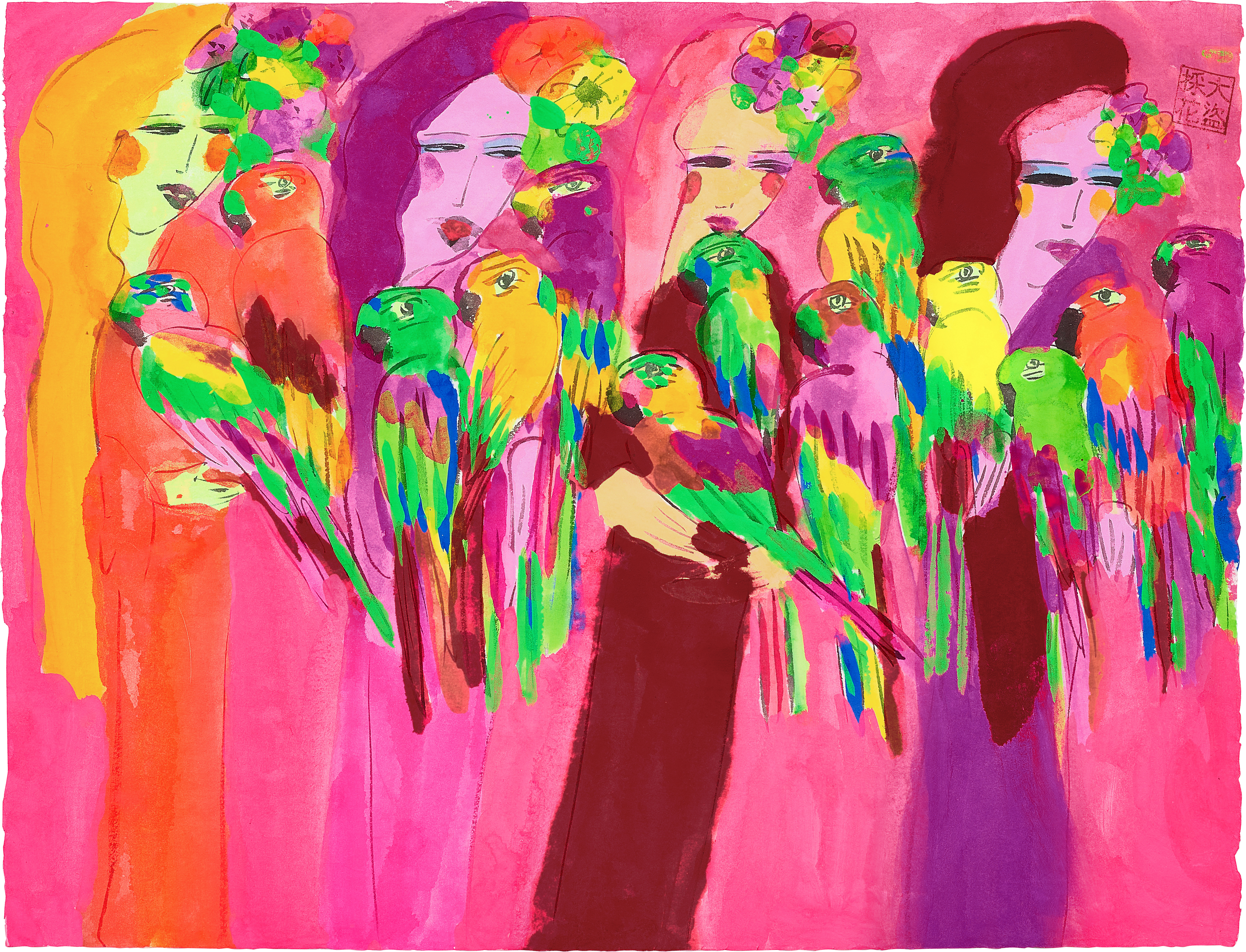 Walasse Ting — Ladies with parrots  女人與鸚鵡