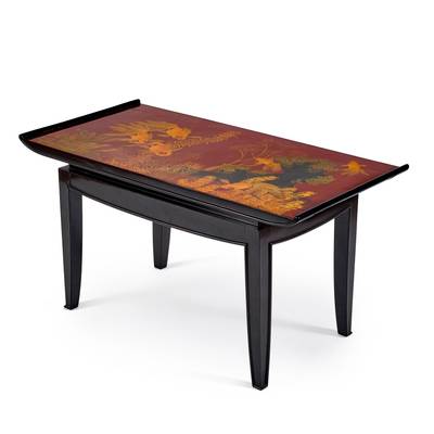 Table basse en laque noir avec panneau enlaque à décor de poissons 漆畫桌子, 桌上漆畫畫板彩繪金魚