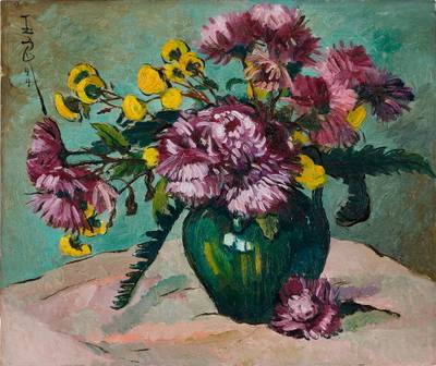 Bouquet de chrysanthèmes roses 青瓶紅菊