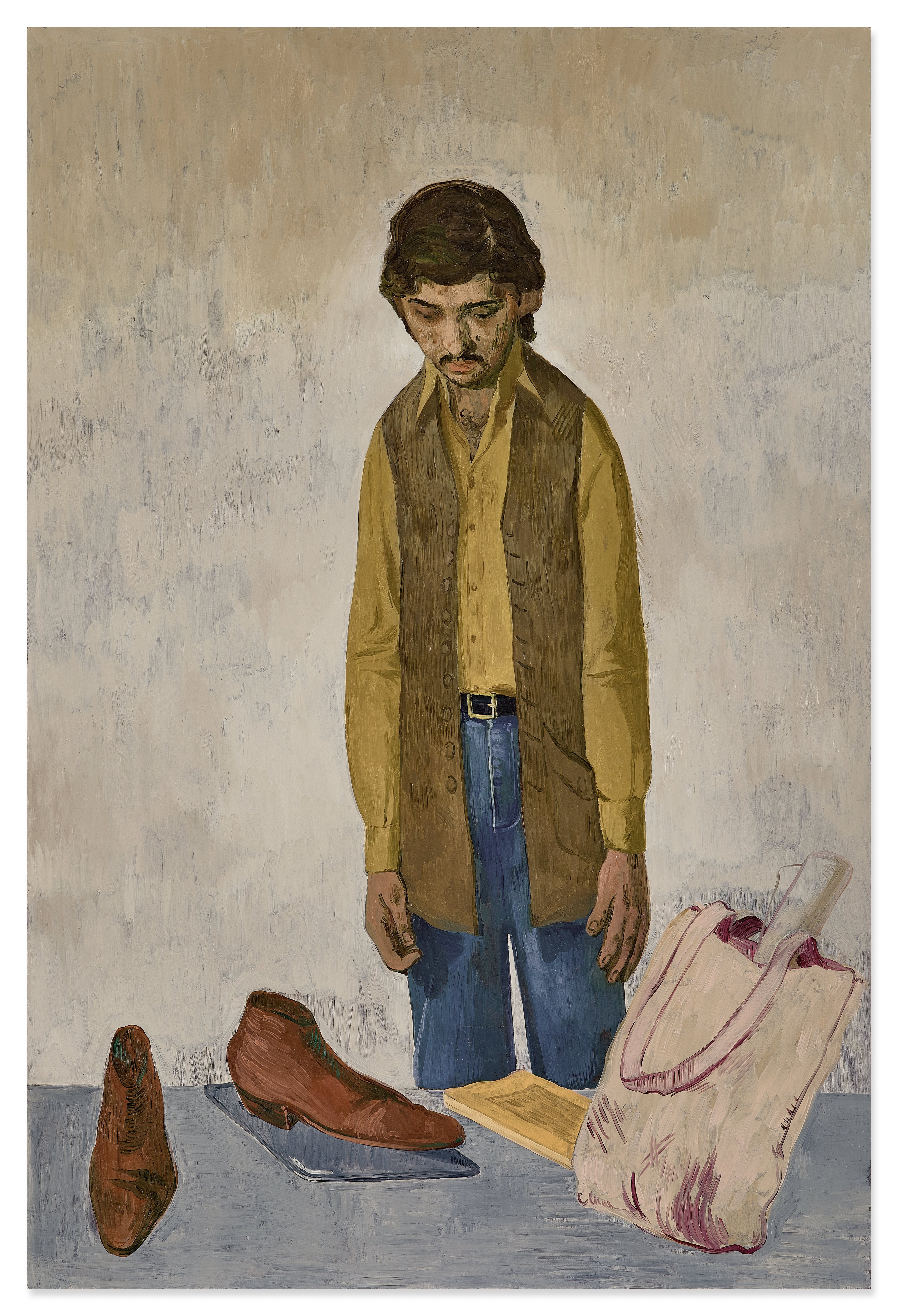 Salman Toor — Man with Tote Bag and Laptop 男子、手提袋與筆記電腦