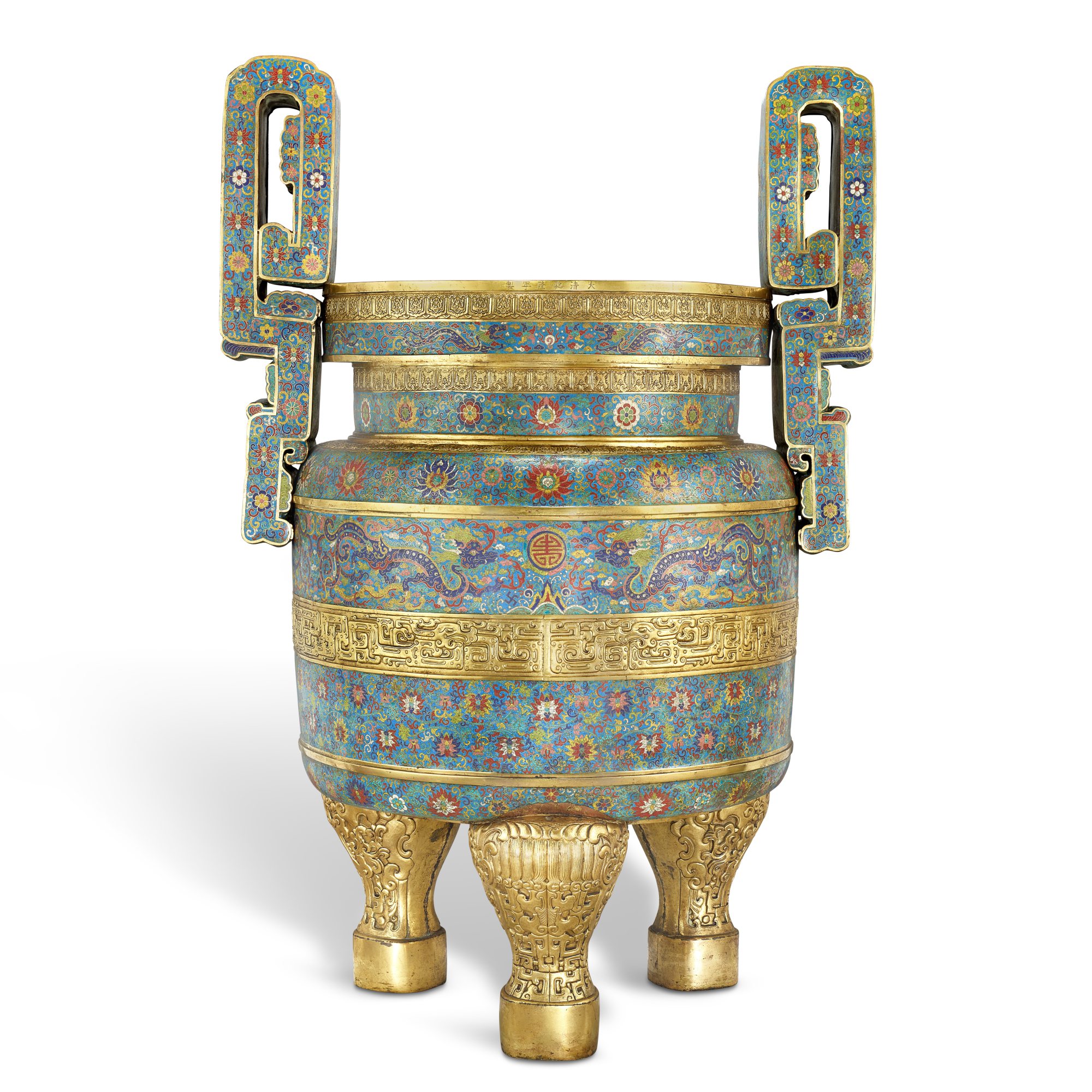 A monumental cloisonné enamel 'kui dragon' tripod incense burner, — 清乾隆 掐絲琺瑯夔龍纏枝蓮紋雙耳三足鼎式爐 《大清乾隆年製》款