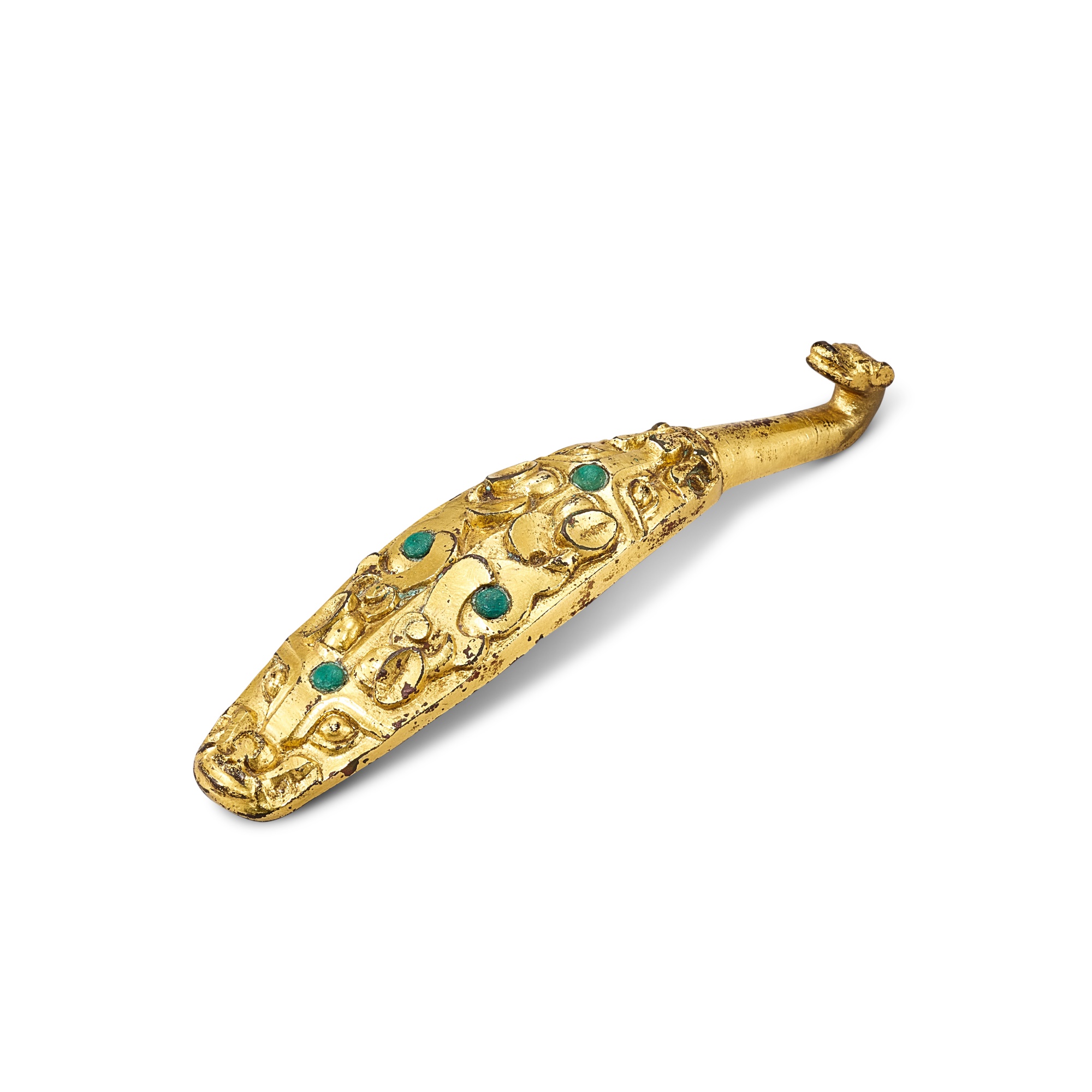 An inlaid gilt-bronze belt hook, — An inlaid gilt-bronze belt hook, Eastern Zhou dynasty, Warring States period 東周戰國時期 銅鎏金嵌寶龍紋帶鉤