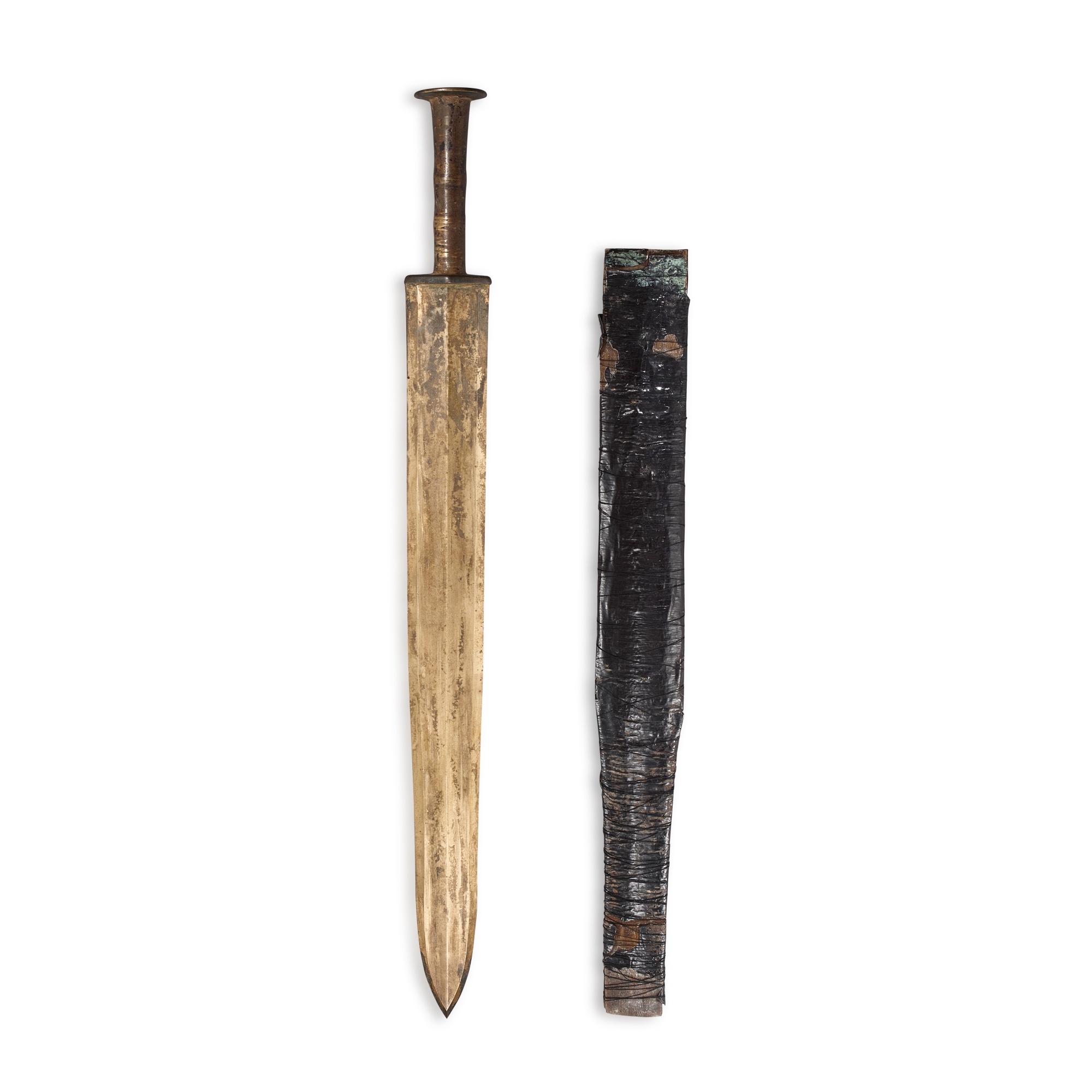 Unknown (Historical) — A parcel-gilt bronze sword and black lacquer scabbard, Han dynasty 漢 局部鎏金銅短劍及黑漆鞘