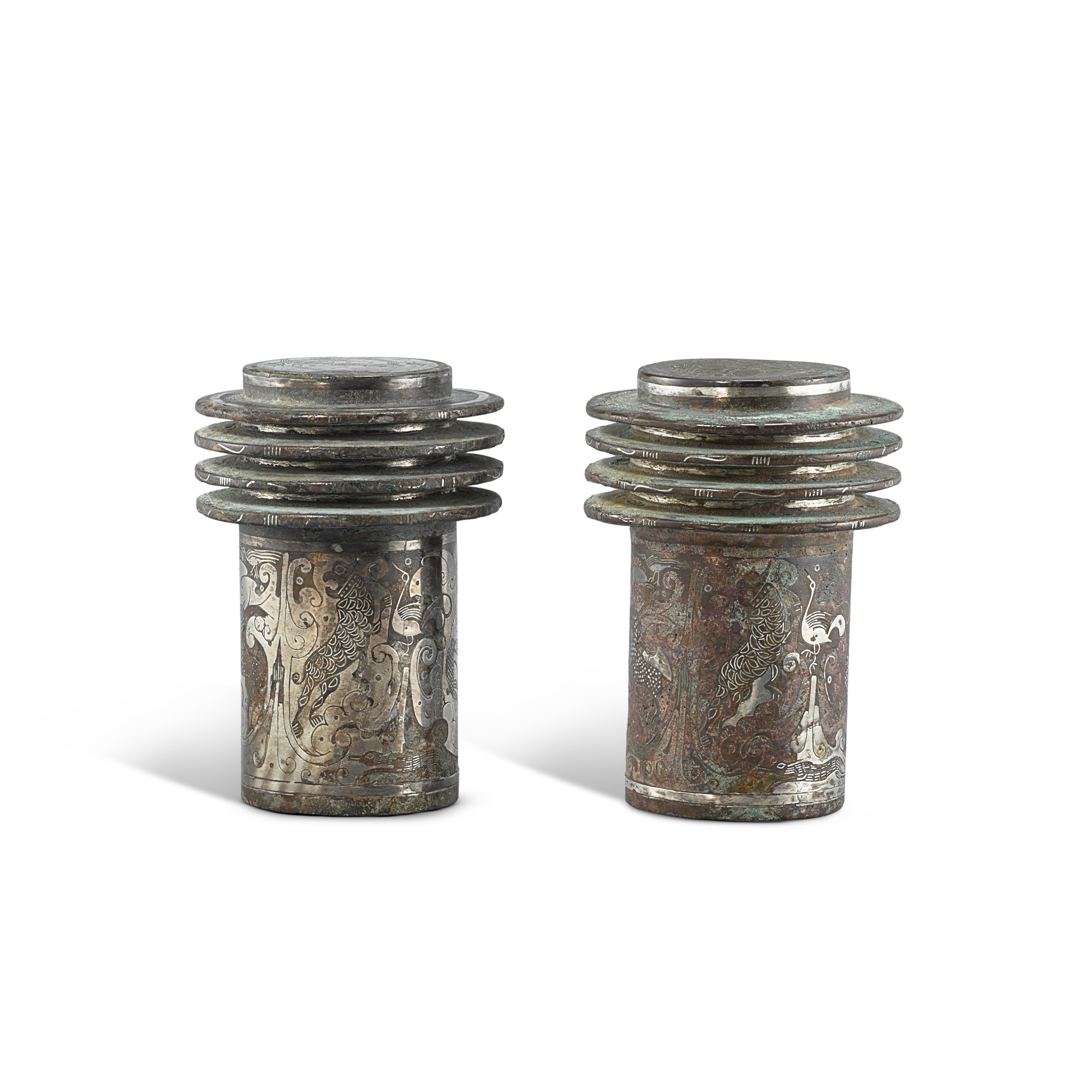 Unknown (Historical) — A pair of inscribed silver-inlaid bronze chariot axle fittings, Western Han dynasty 西漢　銅錯銀「陵里郭氏」銘車馬端飾一對