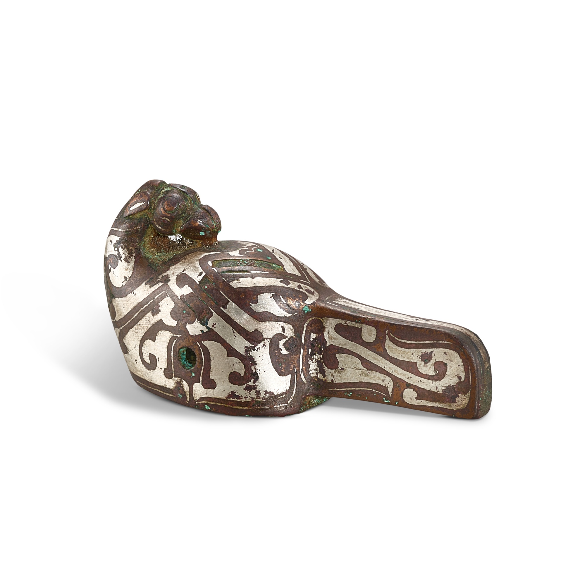 A silver-inlaid bronze 'bird' ornament, — A silver-inlaid bronze 'bird' ornament, Eastern Zhou dynasty, Warring States period 東周戰國時期 銅錯銀鳥形飾件