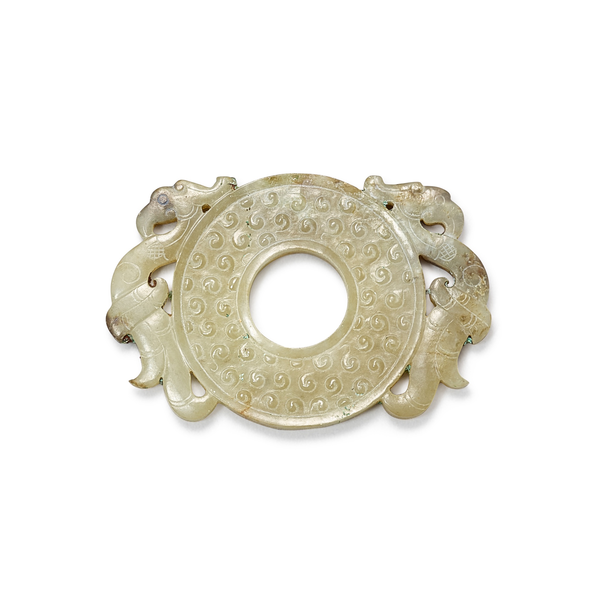 A pale celadon and grey jade disc-shaped pendant, — A pale celadon and grey jade disc-shaped pendant, Western Han dynasty 西漢 青白玉雙鳳出廓璧