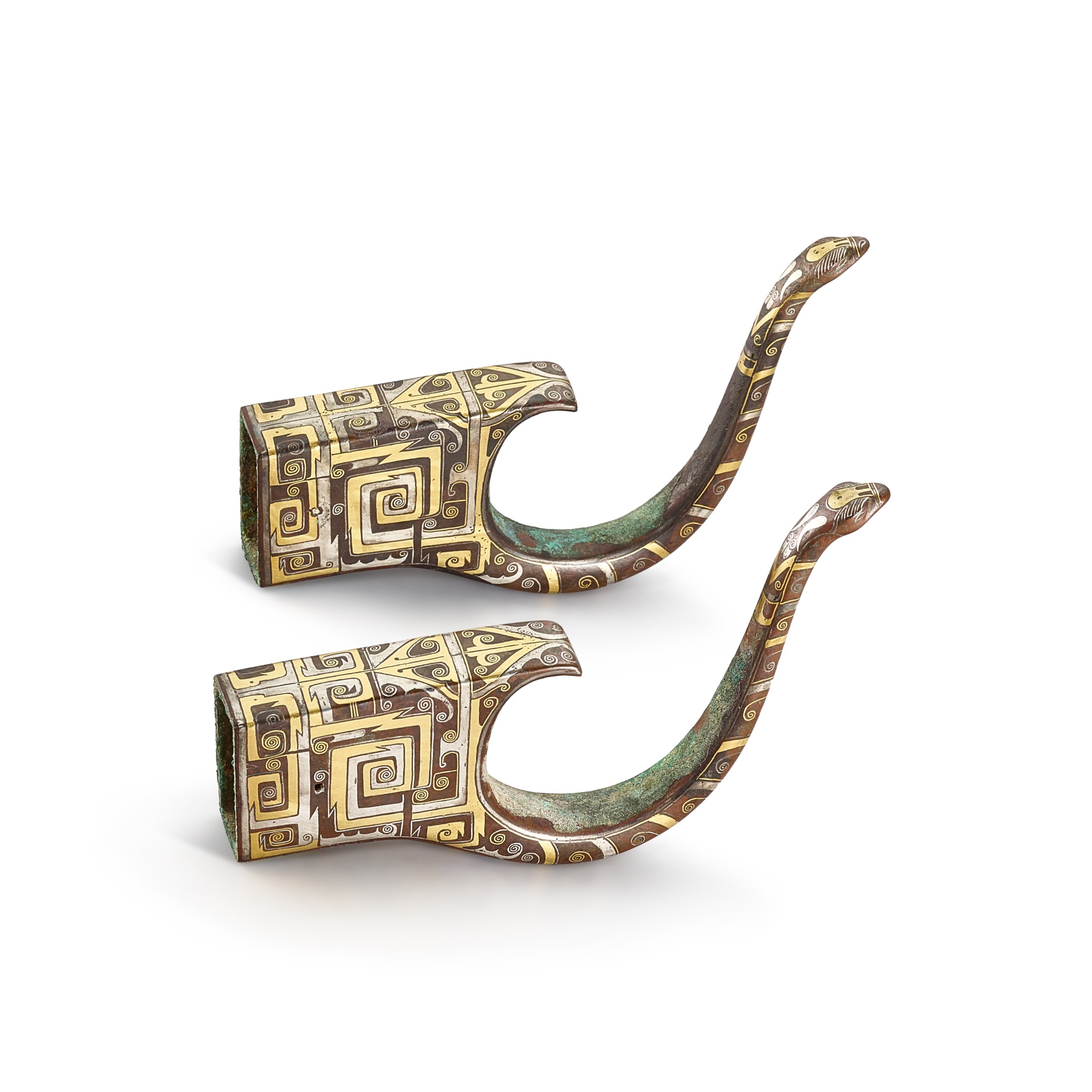 Unknown (Historical) — A pair of gold and silver-inlaid bronze crossbow fittings, Eastern Zhou dynasty, Warring States period 東周戰國時期 銅錯金銀蛇首承弩器一對