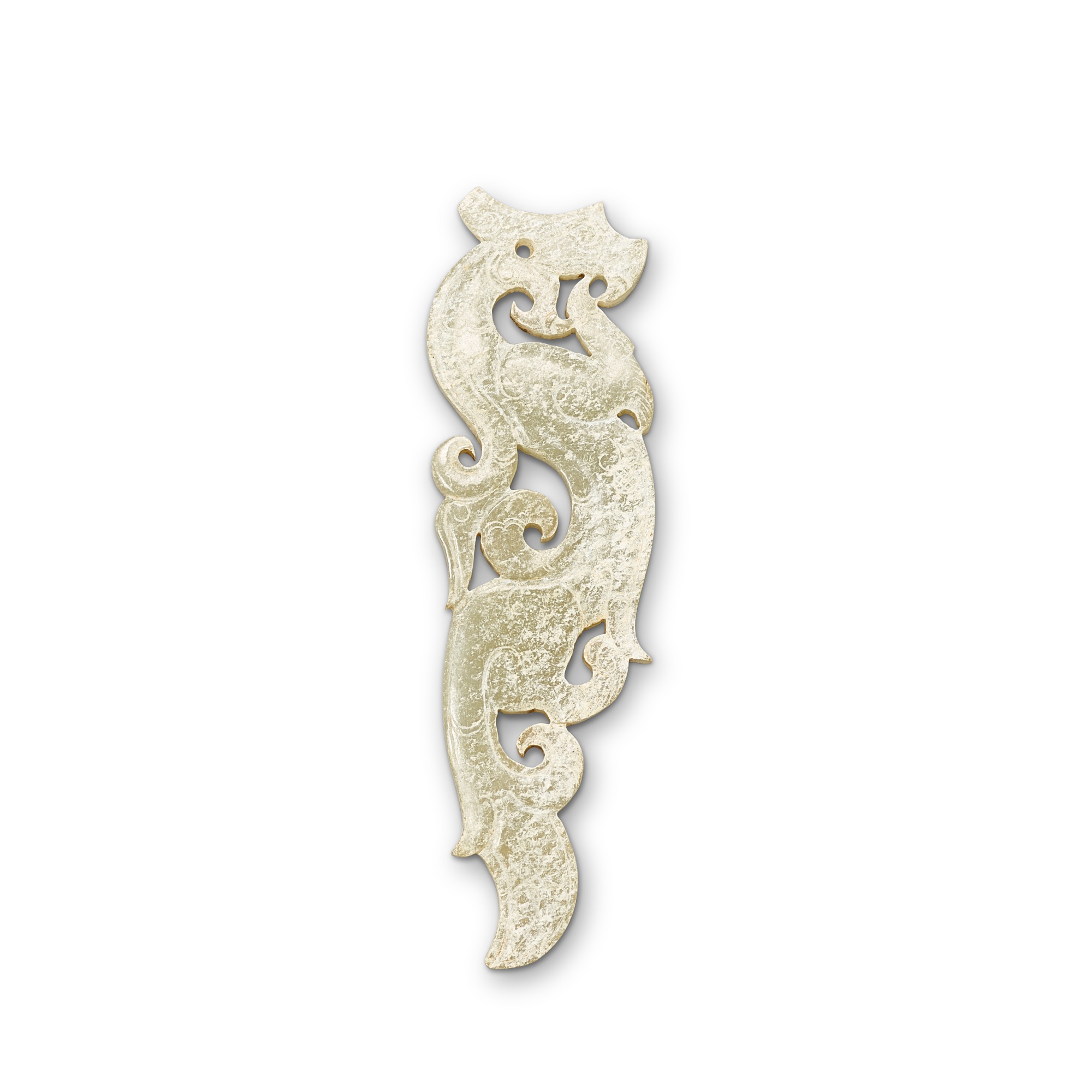 A calcified greenish-white jade 'dragon' pendant, — A calcified greenish-white jade 'dragon' pendant, Han dynasty 漢 玉龍紋觽