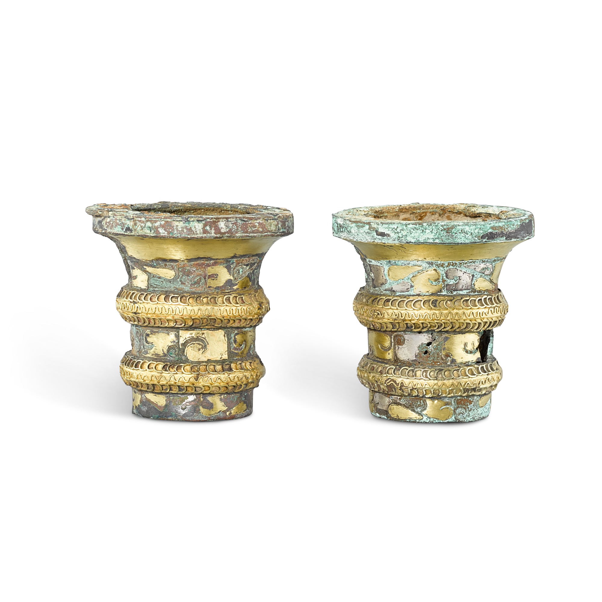 Unknown (Historical) — A pair of gold and silver-inlaid bronze chariot fittings, Eastern Zhou dynasty, Warring States period 東周戰國時期　銅錯金銀車馬飾一對