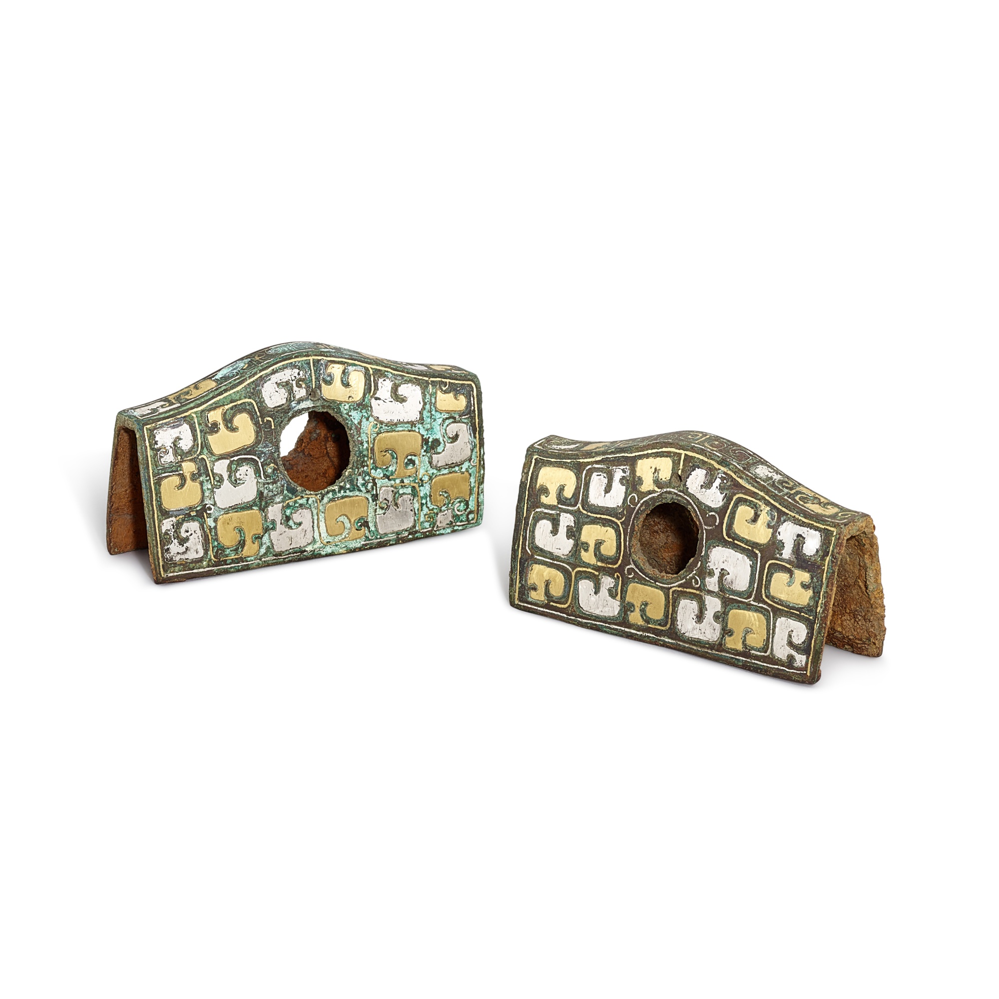 Two gold and silver-inlaid bronze fittings, — Two gold and silver-inlaid bronze fittings, Eastern Zhou dynasty, Warring States period 東周戰國時期 銅錯金銀車馬飾兩件