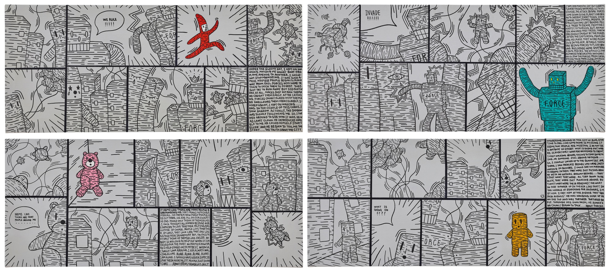 Eddie Kang — i. 宇宙－說書人 ii. 宇宙－粉紅小熊 iii. 宇宙－布偶 iv. 宇宙－力量（一套四幅）