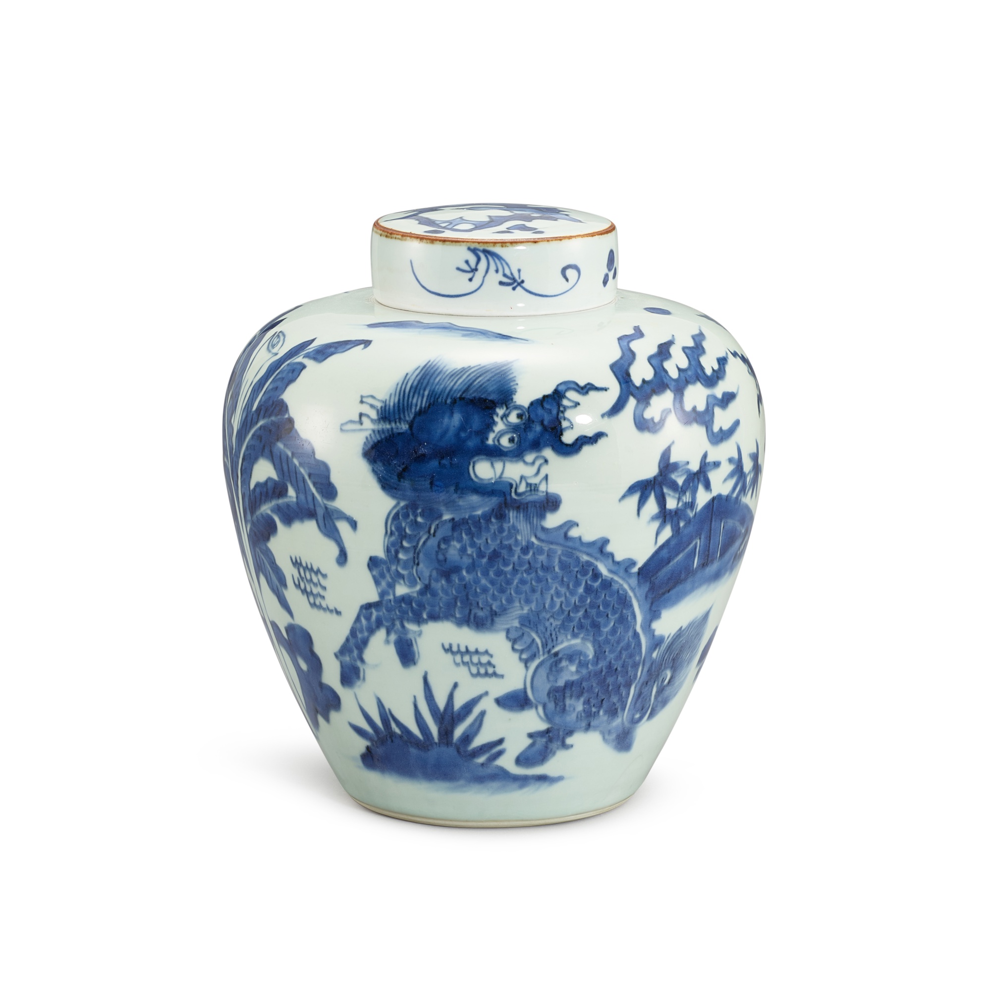 A blue and white ‘qilin’ jar and cover, — A blue and white ‘qilin’ jar and cover, Qing dynasty, Shunzhi period 清順治 青花芭蕉麒麟紋蓋罐