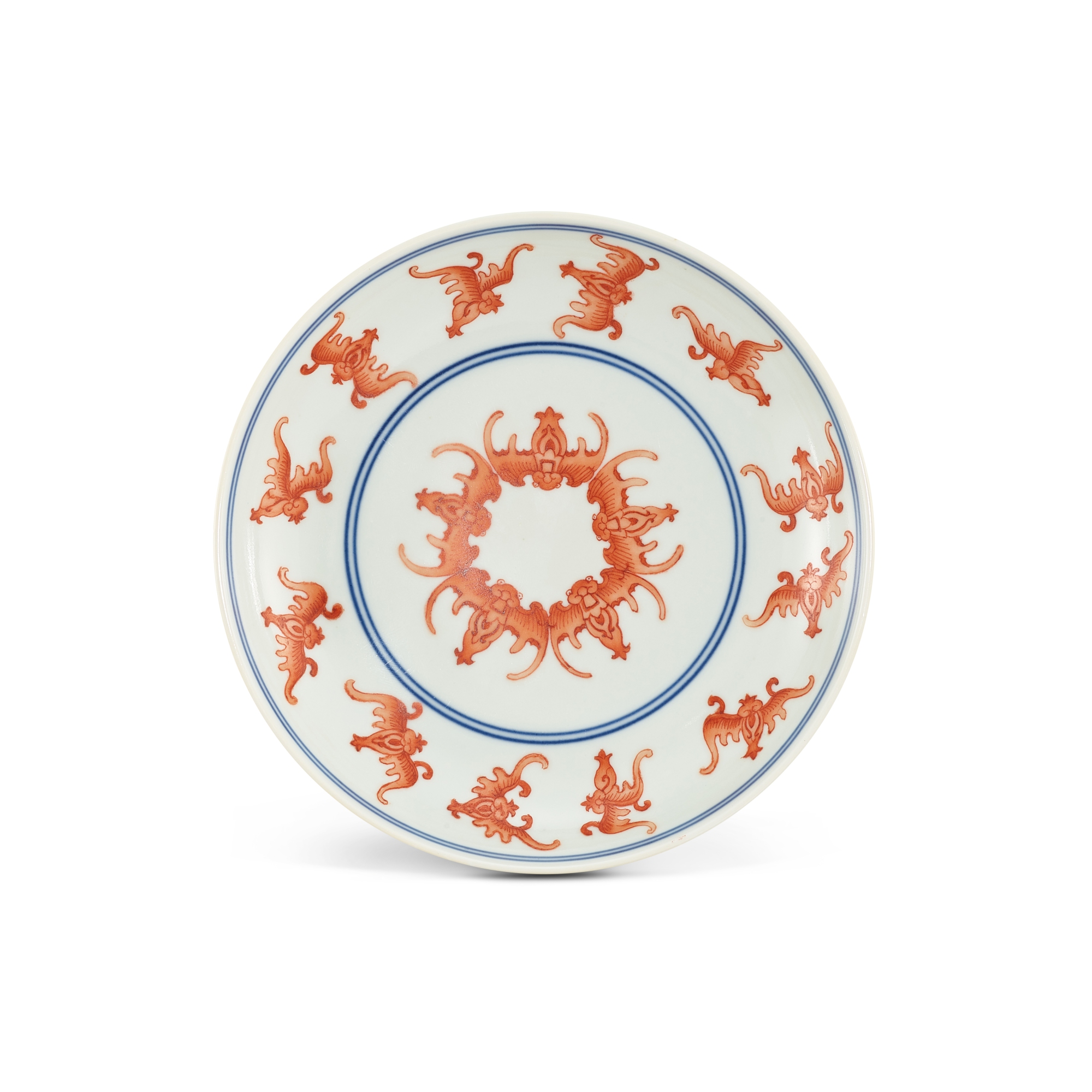 An iron-red and underglaze-blue 'bat' dish, — An iron-red and underglaze-blue 'bat' dish, Seal mark and period of Daoguang 清道光 礬紅彩洪福齊天紋盤 《大清道光年製》款