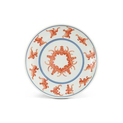 An iron-red and underglaze-blue 'bat' dish,