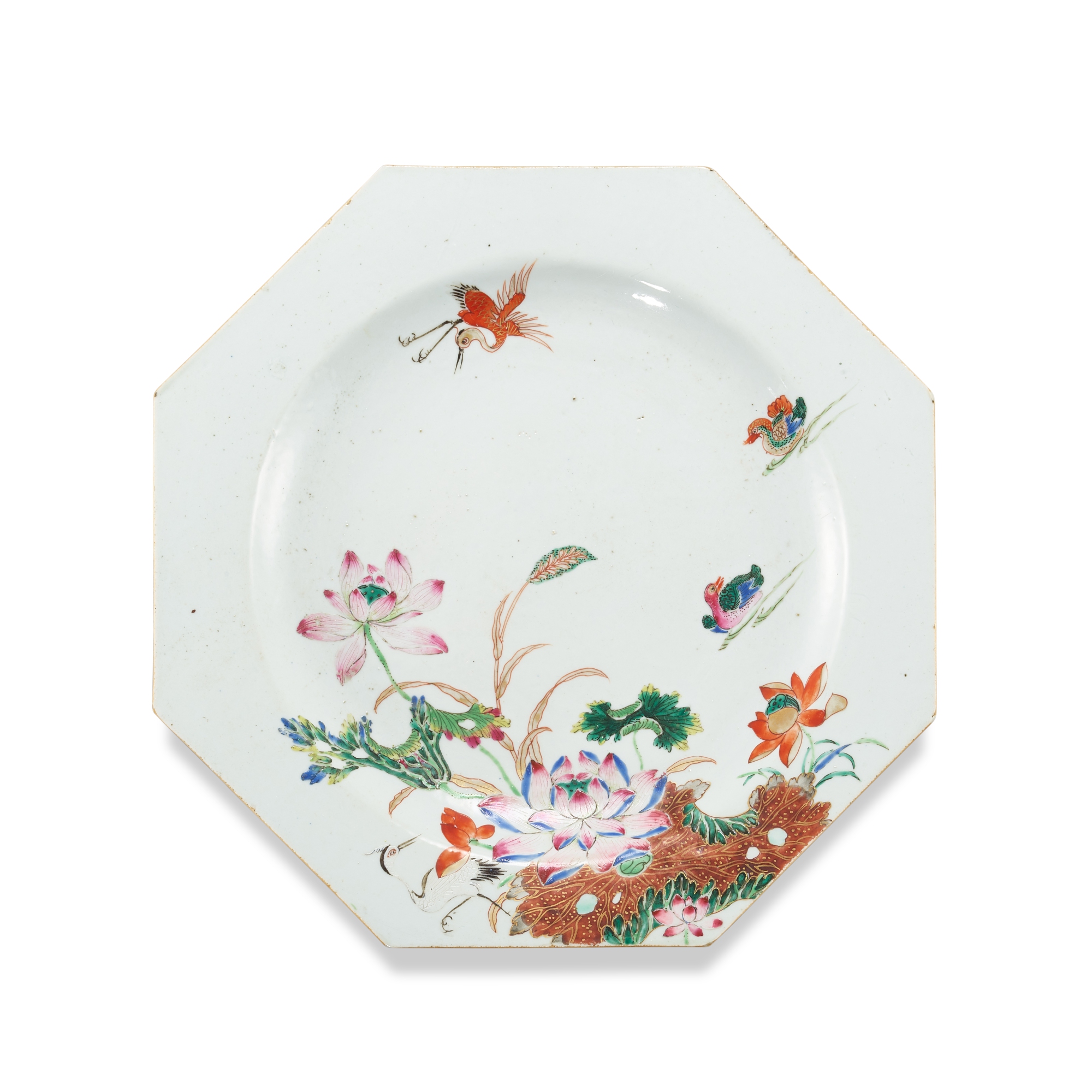 A famille-rose octagonal dish, — A famille-rose octagonal dish, Qing dynasty, 18th century 清十八世紀 粉彩荷塘鴛鴦紋八方折沿盤