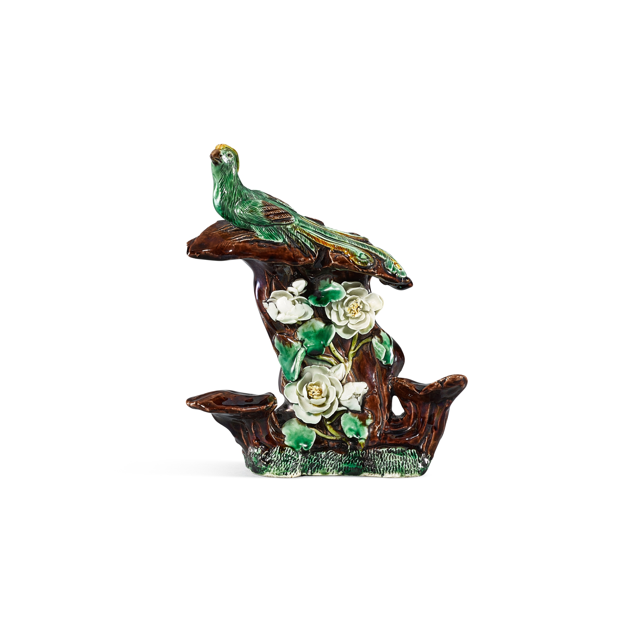 A biscuit-enamelled sancai ‘peacock’ group, — A biscuit-enamelled sancai ‘peacock’ group, Qing dynasty, Kangxi period 清康熙 素三彩錦雞秀石擺件