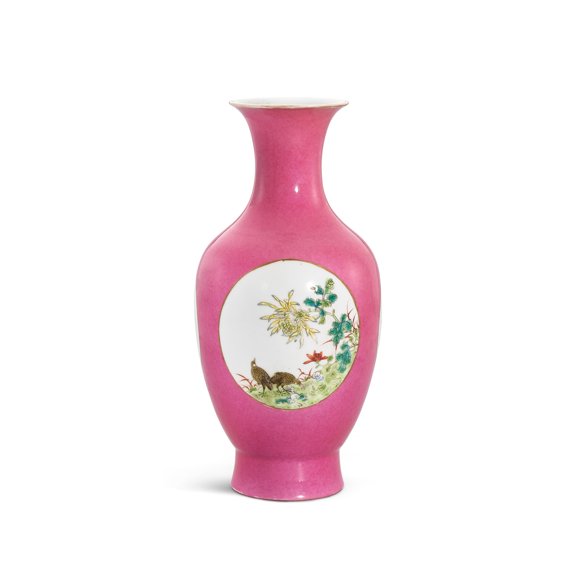 A pink-ground famille-rose ‘bird and flower’ vase, — A pink-ground famille-rose ‘bird and flower’ vase, Republican period 民國 粉彩粉地開光花鳥紋撇口瓶 《懷仁堂製》款