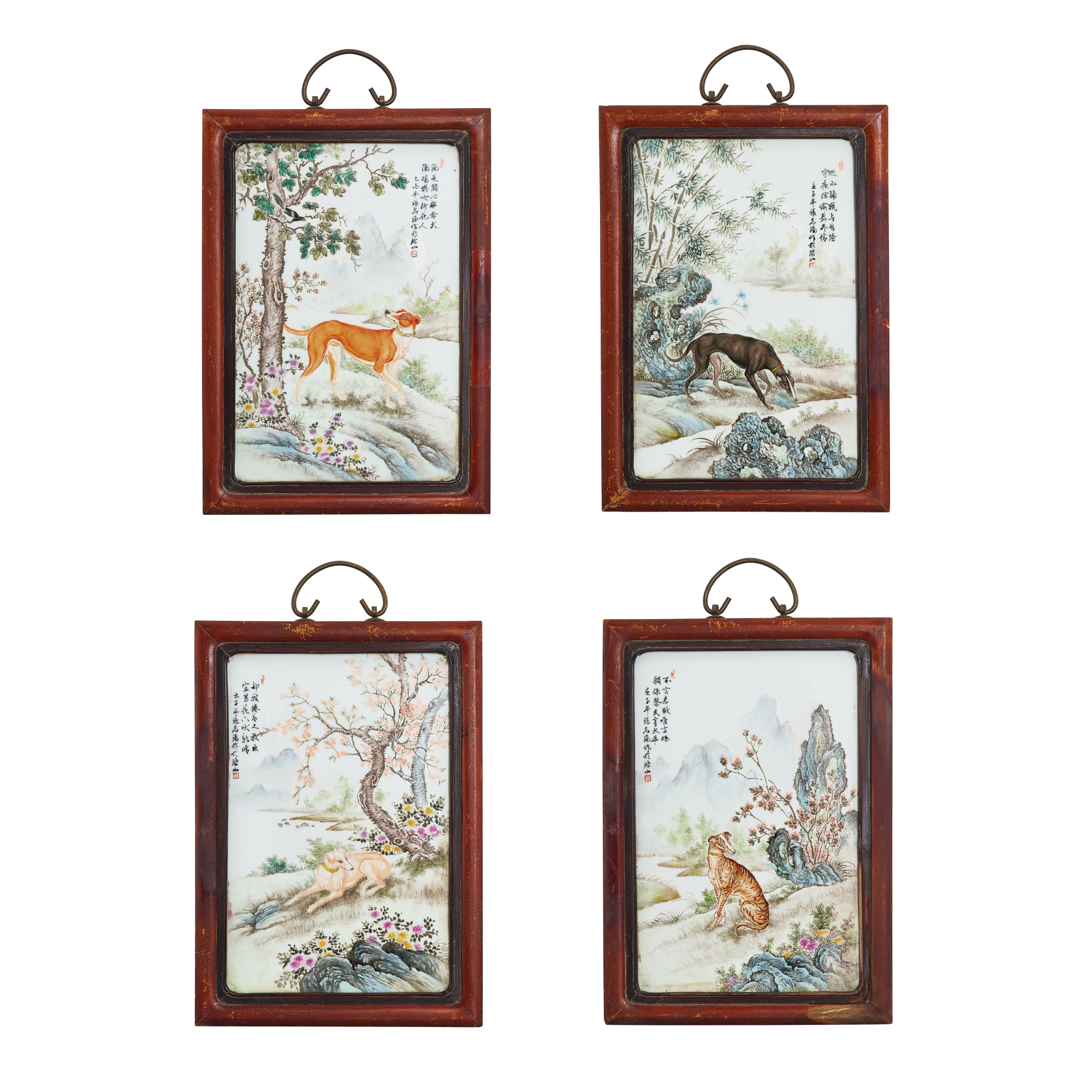 Four inscribed and enamelled porcelain ‘dog’ plaques, — Four inscribed and enamelled porcelain ‘dog’ plaques, Attributed to Zhang Zhitang (1893 - 1971), Republican period 民國 張志湯款粉彩四犬圖瓷板一套四件