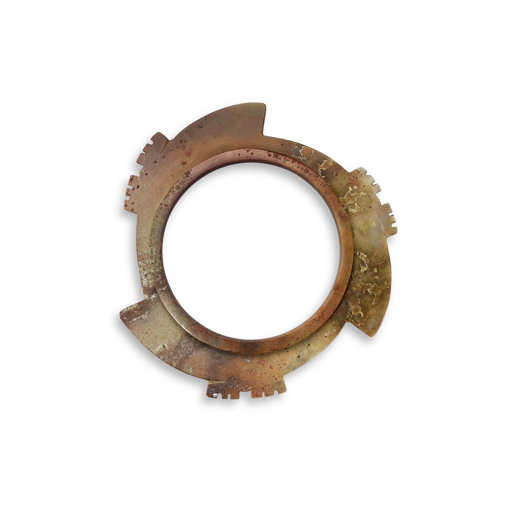 A grey and brown jade notched disc, — A grey and brown jade notched disc, Shang dynasty 商 灰玉牙璧