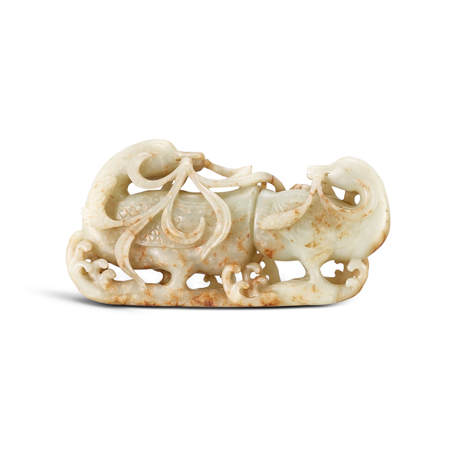 Unknown — A white and russet jade 'mandarin ducks' group, Ming – Qing dynasty 明至清 白玉鴛鴦
