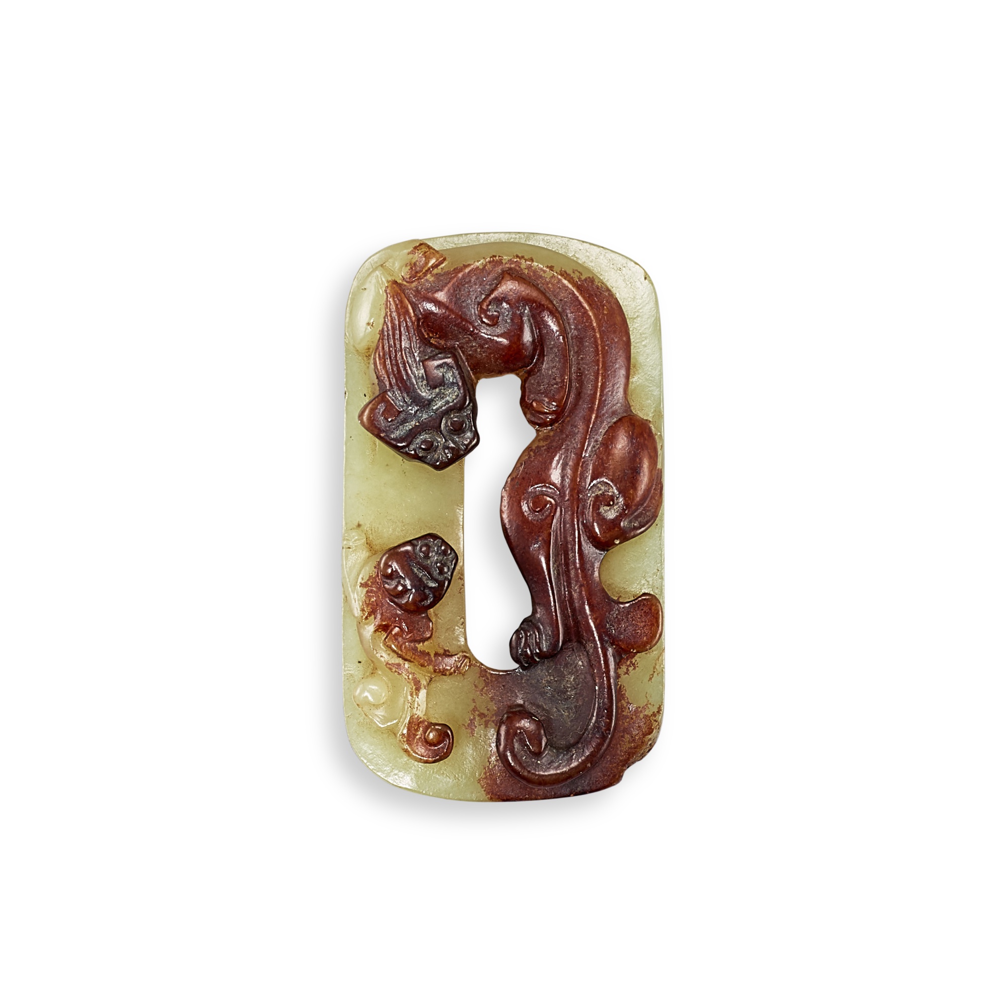 A yellow and russet jade 'chilong' pendant, — A yellow and russet jade 'chilong' pendant, Ming dynasty 明 黃玉螭龍紋珮