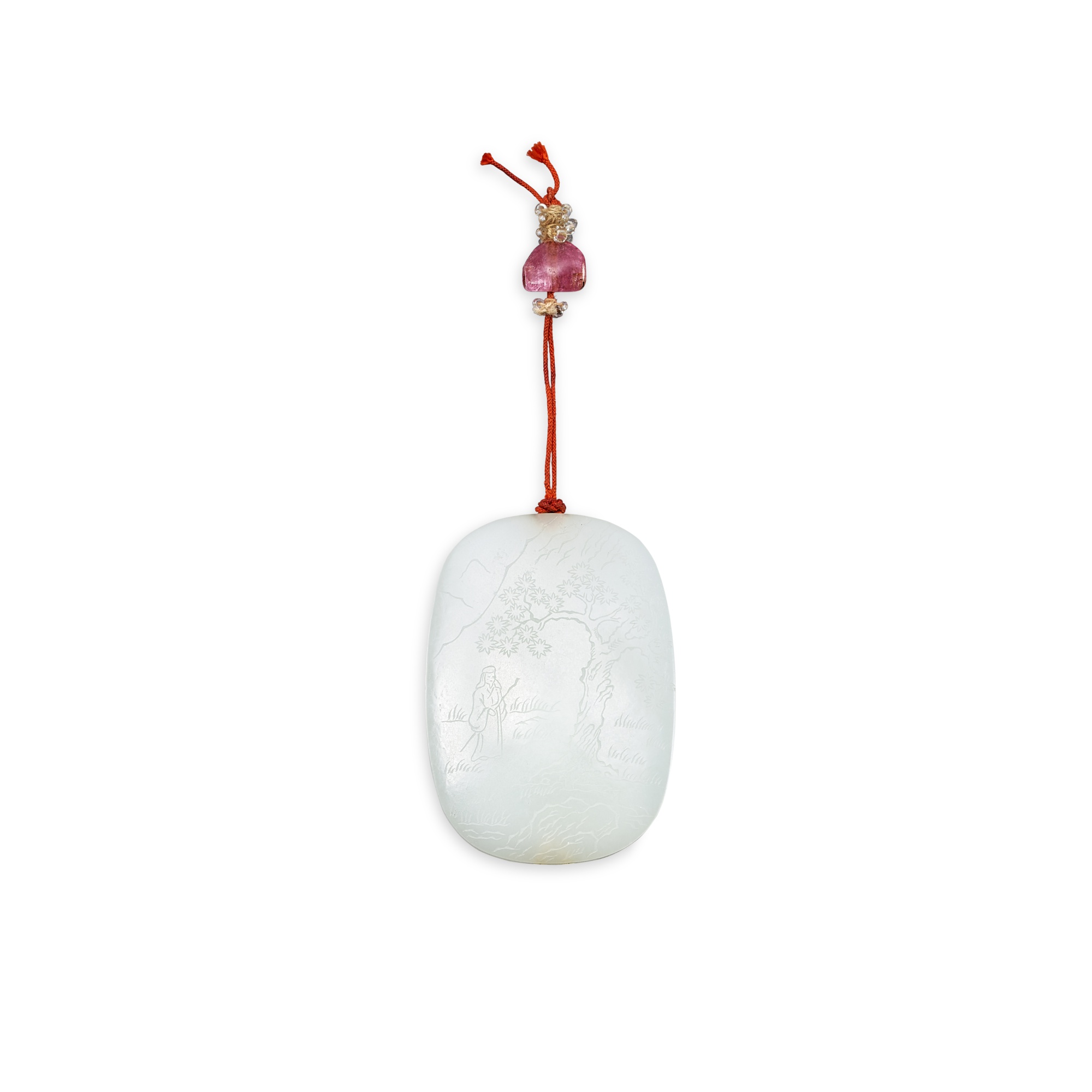 An imperial inscribed white jade 'scholar' pendant, — An imperial inscribed white jade 'scholar' pendant, Qing dynasty, Qianlong period 清乾隆 白玉御製詩文松下高士紋珮