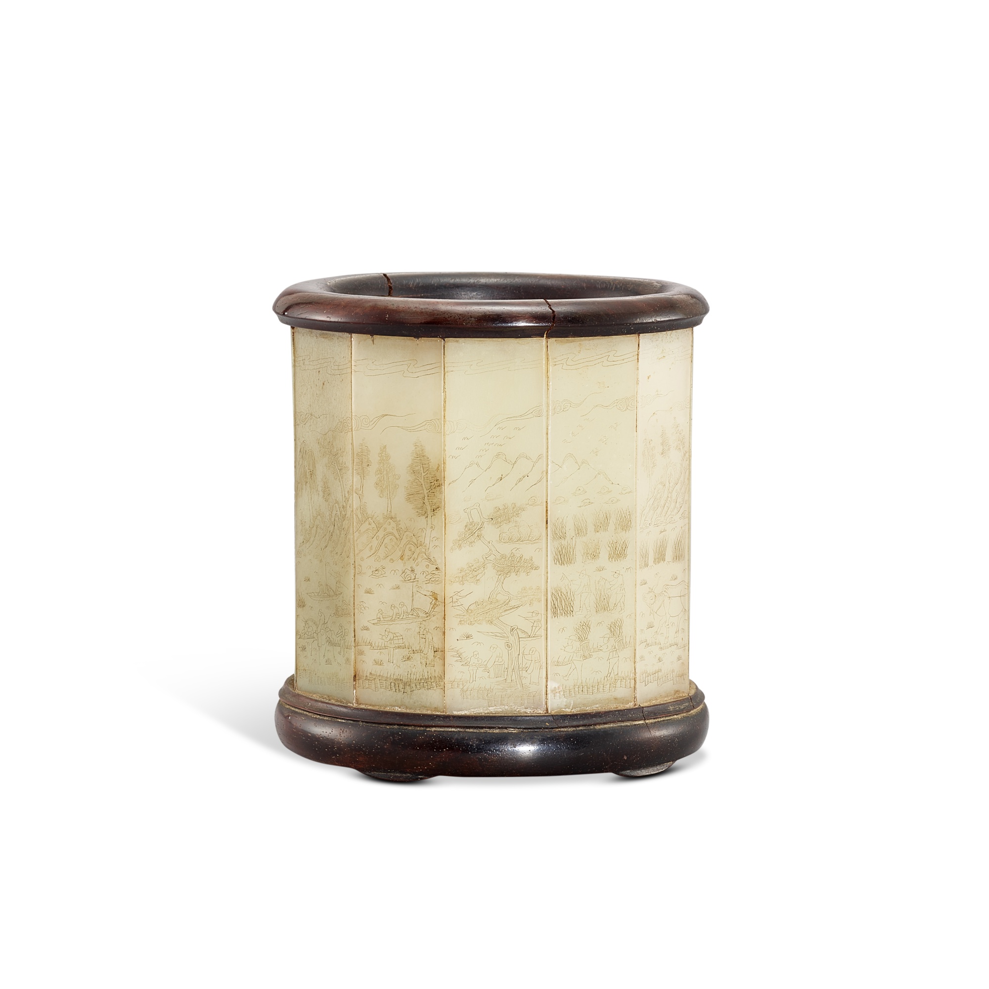 A jade-inset hardwood 'Gengzhi tu' brushpot, — A jade-inset hardwood 'Gengzhi tu' brushpot, Qing dynasty 清 硬木嵌玉耕織圖筆筒