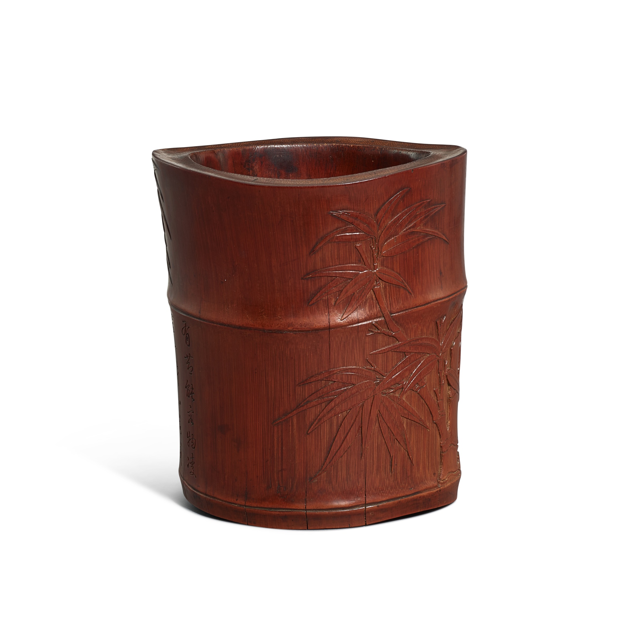 An inscribed bamboo brushpot Qing dynasty, 18th/19th century 清十八至十九世紀 竹雕詩文秀竹筆筒 《鰲圖》《靜夫》款
