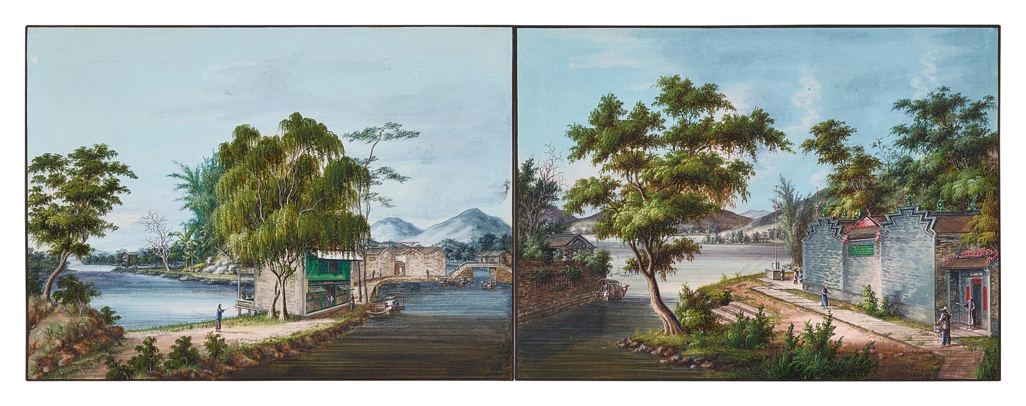Unknown — Studio of Tingqua, A pair of Chinese export landscape paintings, Qing dynasty, 19th century 清十九世紀 庭呱/關聯昌畫室 中國外銷風景畫一對