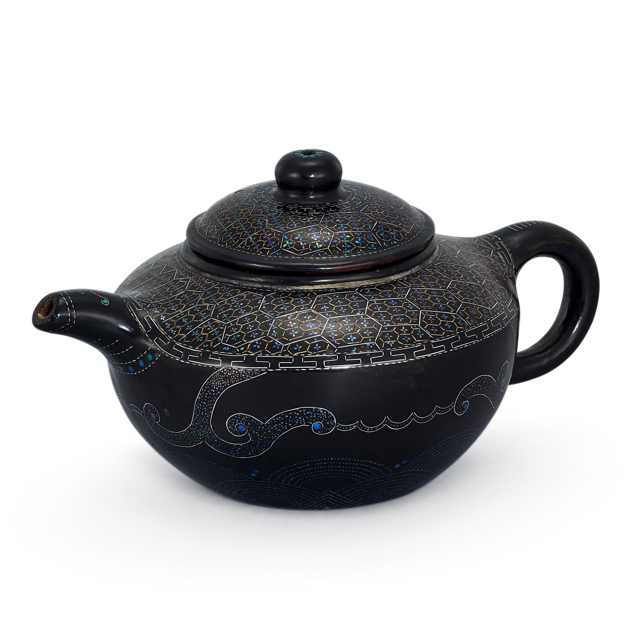 A very rare Yixing lac-burgaute teapot and cover, — A very rare Yixing lac-burgaute teapot and cover, Qing dynasty, 18th - 19th century 清十八至十九世紀 紫砂胎烏漆嵌螺鈿茶壺