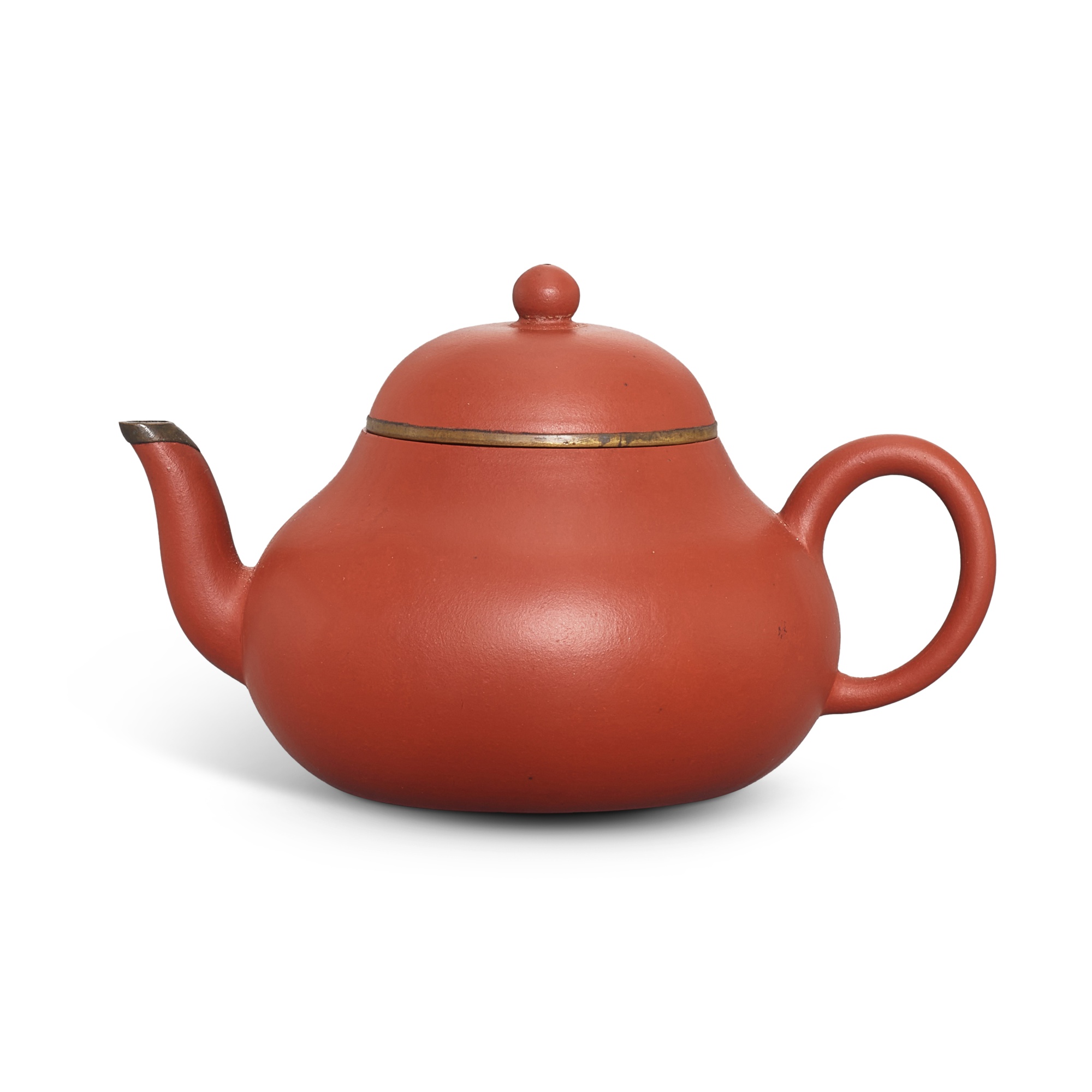 A metal-mounted yixing red stoneware teapot, — A metal-mounted yixing red stoneware teapot, Qing dynasty, Tongzhi-Guangxu period 清同治至光緒 宜興朱泥茶壺 《錦堂發記》款