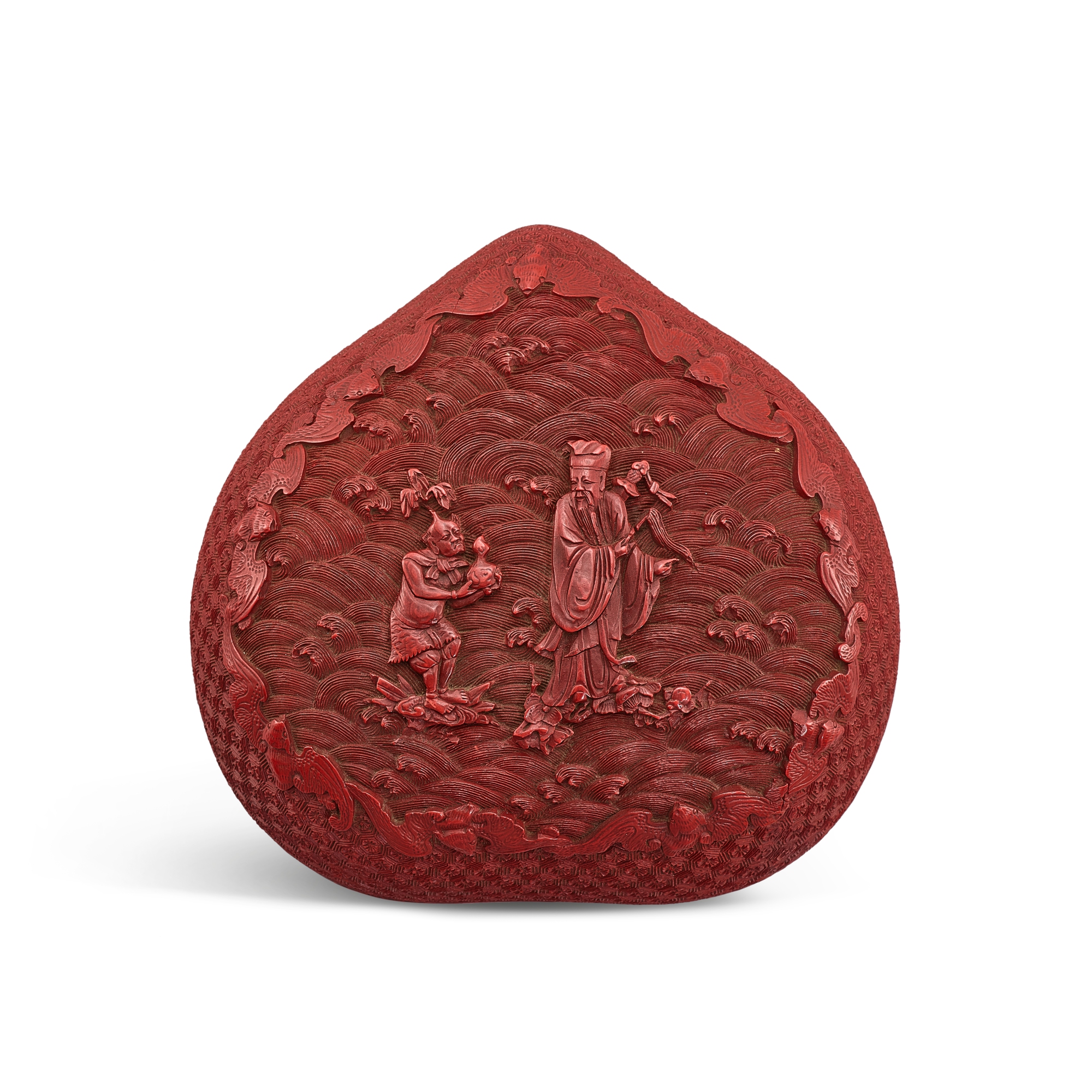 A cinnabar lacquer 'immortal' peach-shaped box and cover, — A cinnabar lacquer 'immortal' peach-shaped box and cover, Qing dynasty, 18th century 清十八世紀 剔紅呂洞賓圖桃式蓋盒