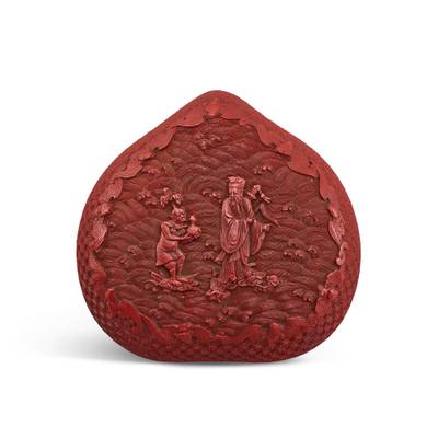 A cinnabar lacquer 'immortal' peach-shaped box and cover, Qing dynasty, 18th century 清十八世紀 剔紅呂洞賓圖桃式蓋盒