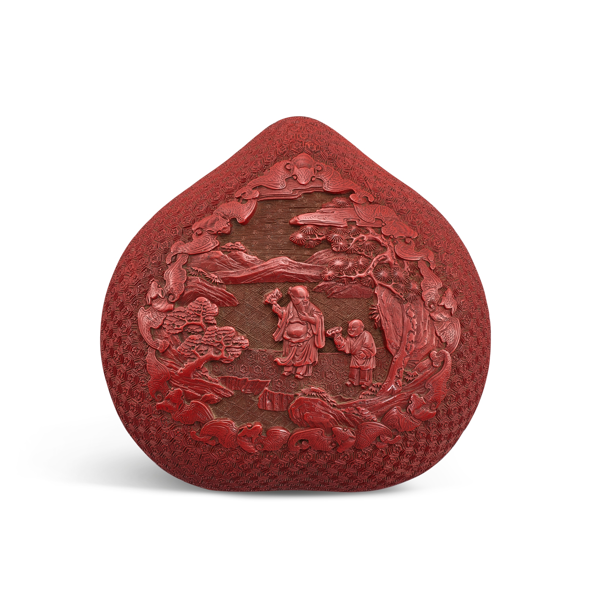 A cinnabar lacquer 'immortal' peach-shaped box and cover, — A cinnabar lacquer 'immortal' peach-shaped box and cover, Qing dynasty, 18th century 清十八世紀 剔紅鍾離權圖桃式蓋盒