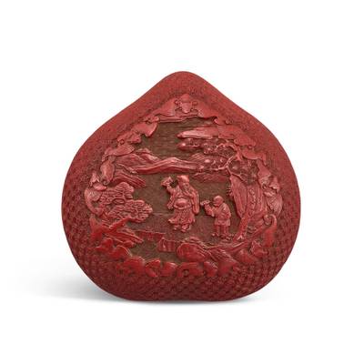 A cinnabar lacquer 'immortal' peach-shaped box and cover, Qing dynasty, 18th century 清十八世紀 剔紅鍾離權圖桃式蓋盒