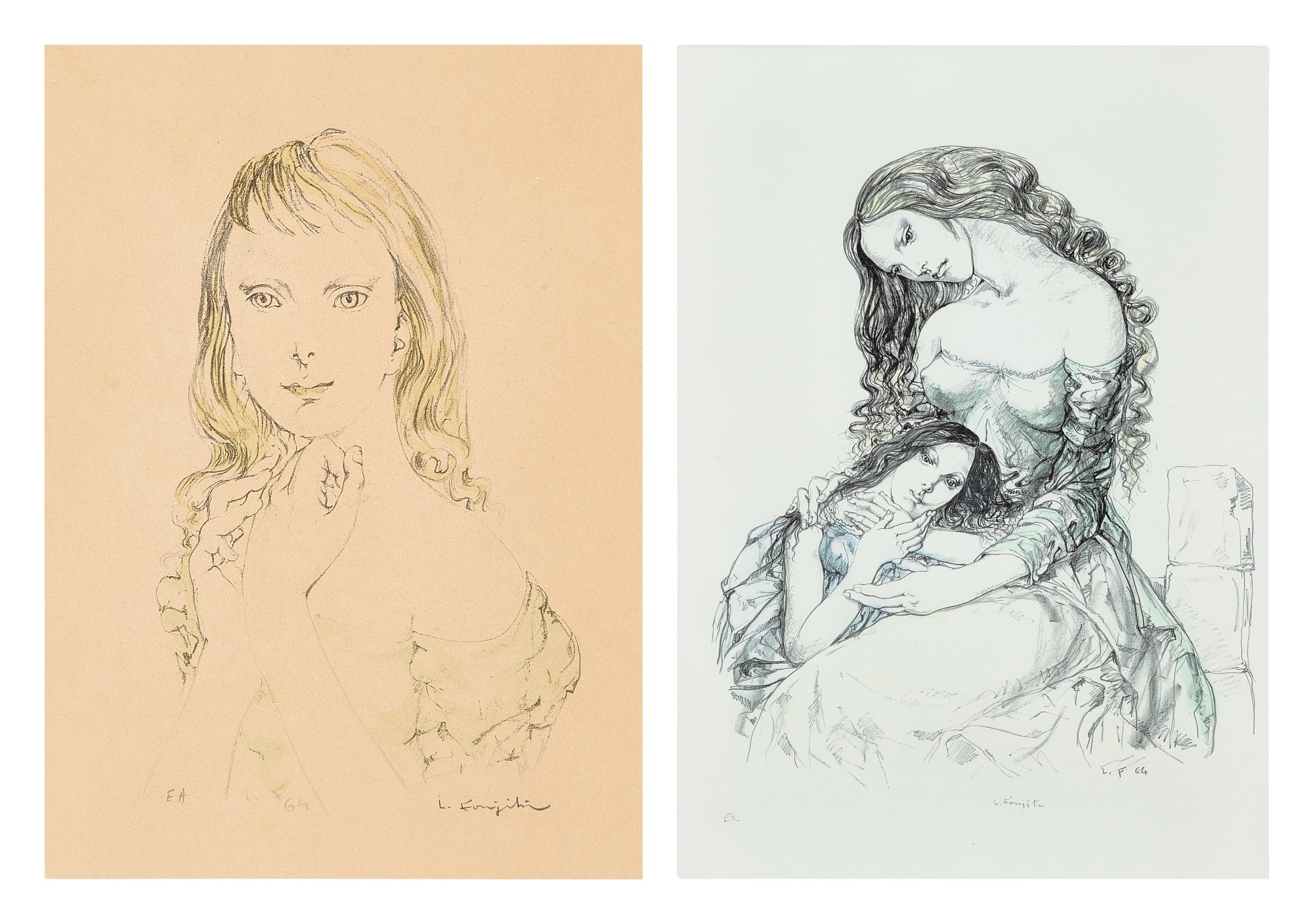 Léonard Tsuguharu Foujita — a. Portrait of a girl b. Sisters  a. 女孩肖像 b. 姐妹