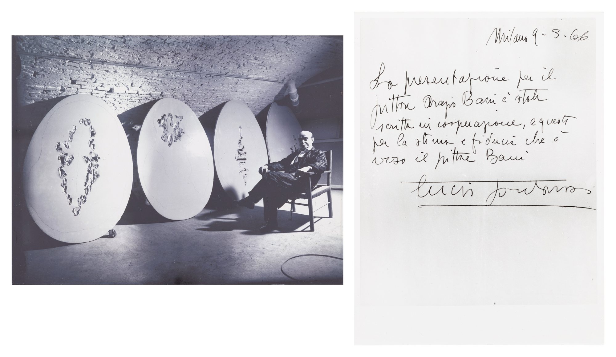 a. Photo of Lucio Fontana b. Photo of A Letter from Lucio Fonata  a. 盧齊歐・封塔納 b. 盧齊歐・封塔納致奧拉治奧・罷起書信