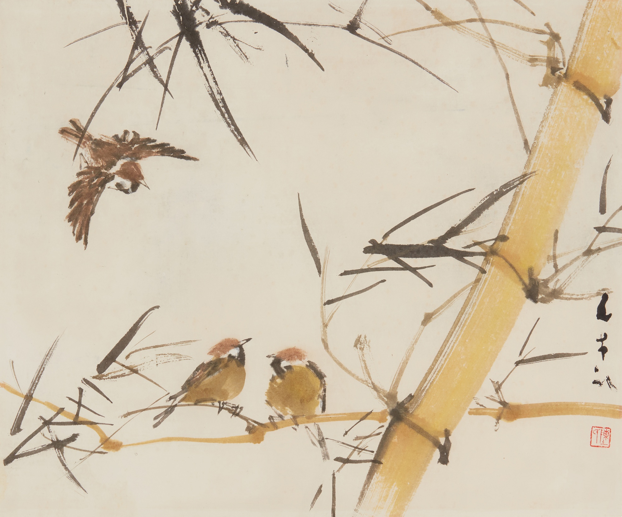 Chen Wen Hsi — Three sparrows with bamboo 竹上三麻雀