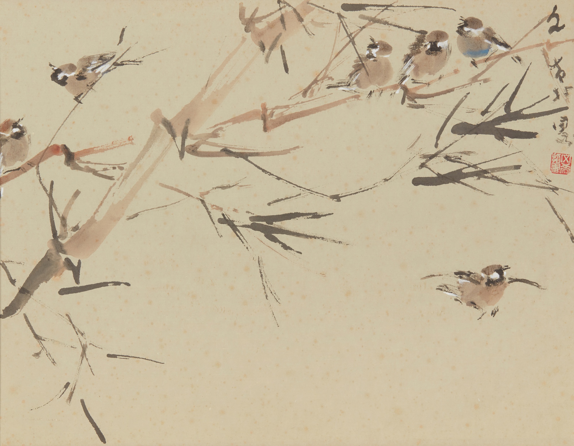 Chen Wen Hsi — Sparrows on bamboo branches 竹枝上的麻雀